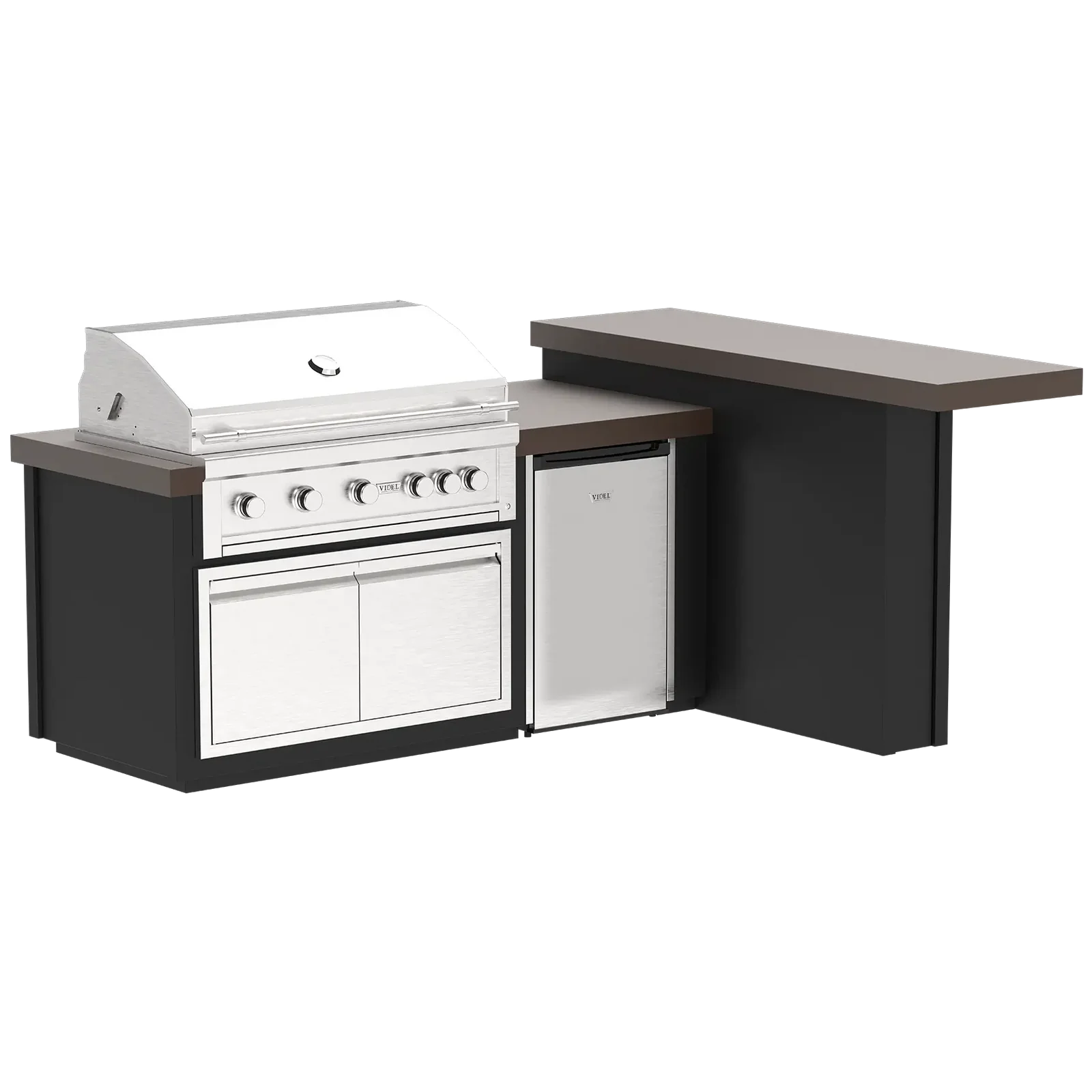 Videl USA 96" Luxe L Complete BBQ Island - Gran Fuego 42" 5-Burner Grill with bar-height L-extension and refrigerator