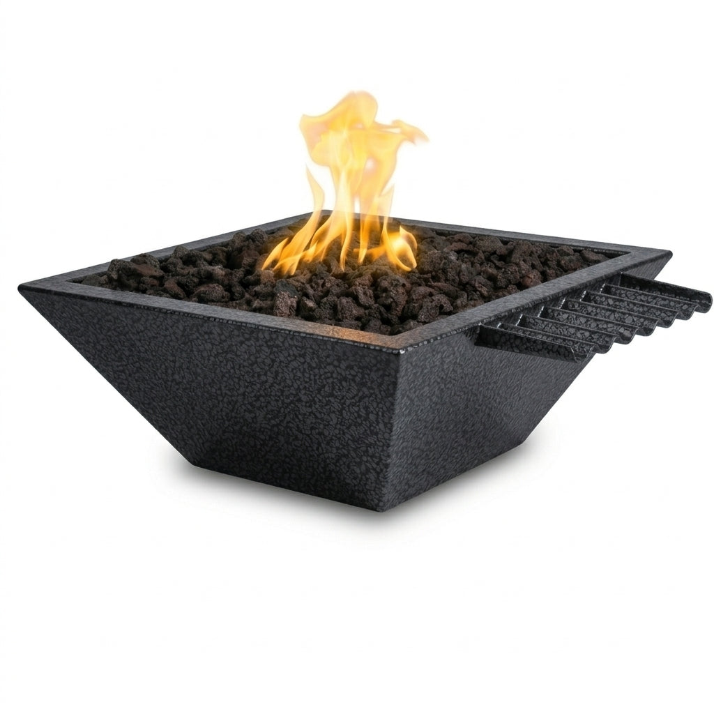 A square black fire pit table with a textured finish, filled with dark lava rocks and showing a bright yellow and orange flame, set against a plain white background.
