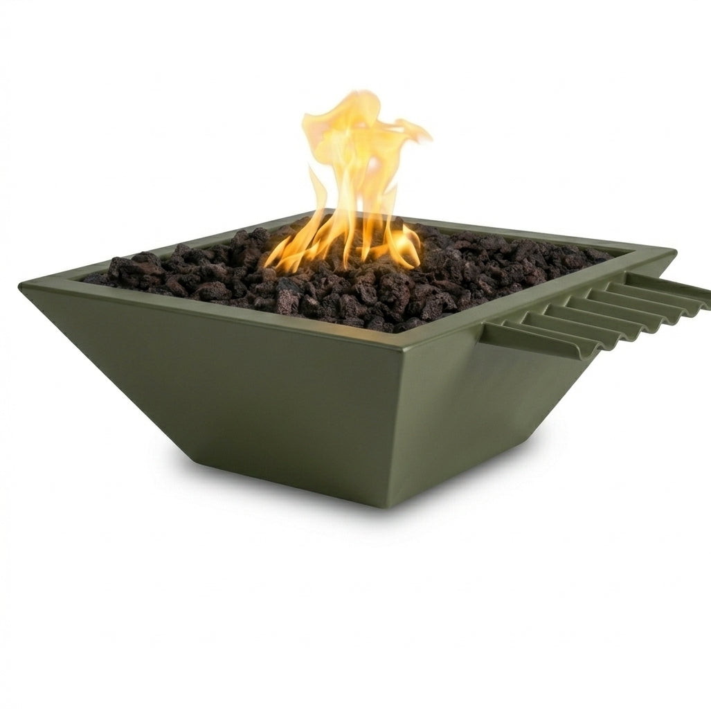 An olive green square fire pit with a matching metal tray filled with dark lava rocks and a bright yellow-orange flame, shown on a solid white background.