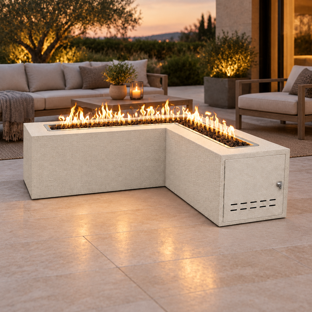Crema Whitney fire pit on an outdoor patio