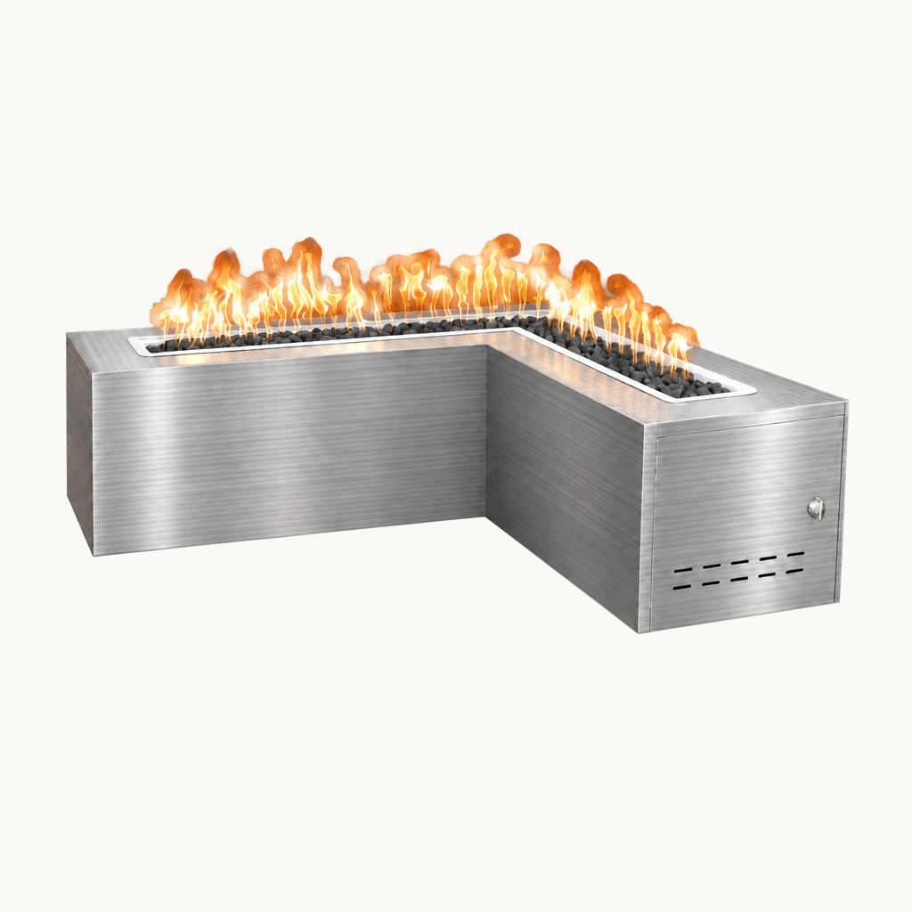 Whitney fire pit with stainless steel finish on a light background