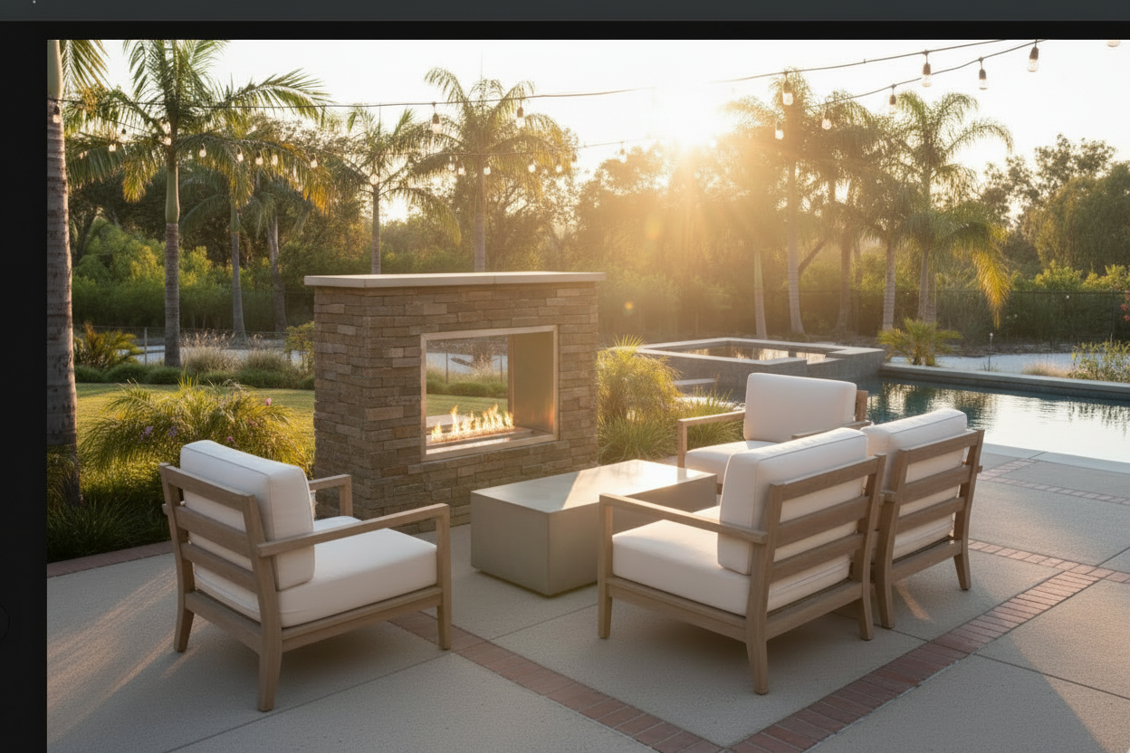 Outdoor patio furniture set with four light wood armchairs and a matching square coffee table, arranged around a stone fireplace in a poolside backyard at sunset.