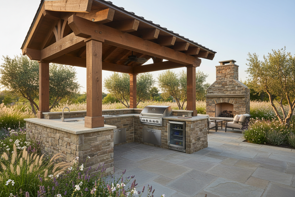 A U-shaped outdoor kitchen under a timber pavilion — stone cabinetry, full appliance suite, and a fireplace retreat just steps away.