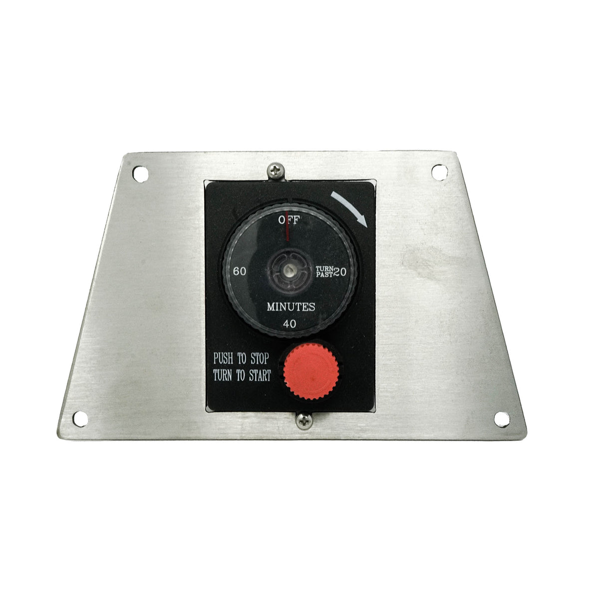 The Outdoor Plus flat trapezoid panel with one-hour gas timer and red emergency stop button