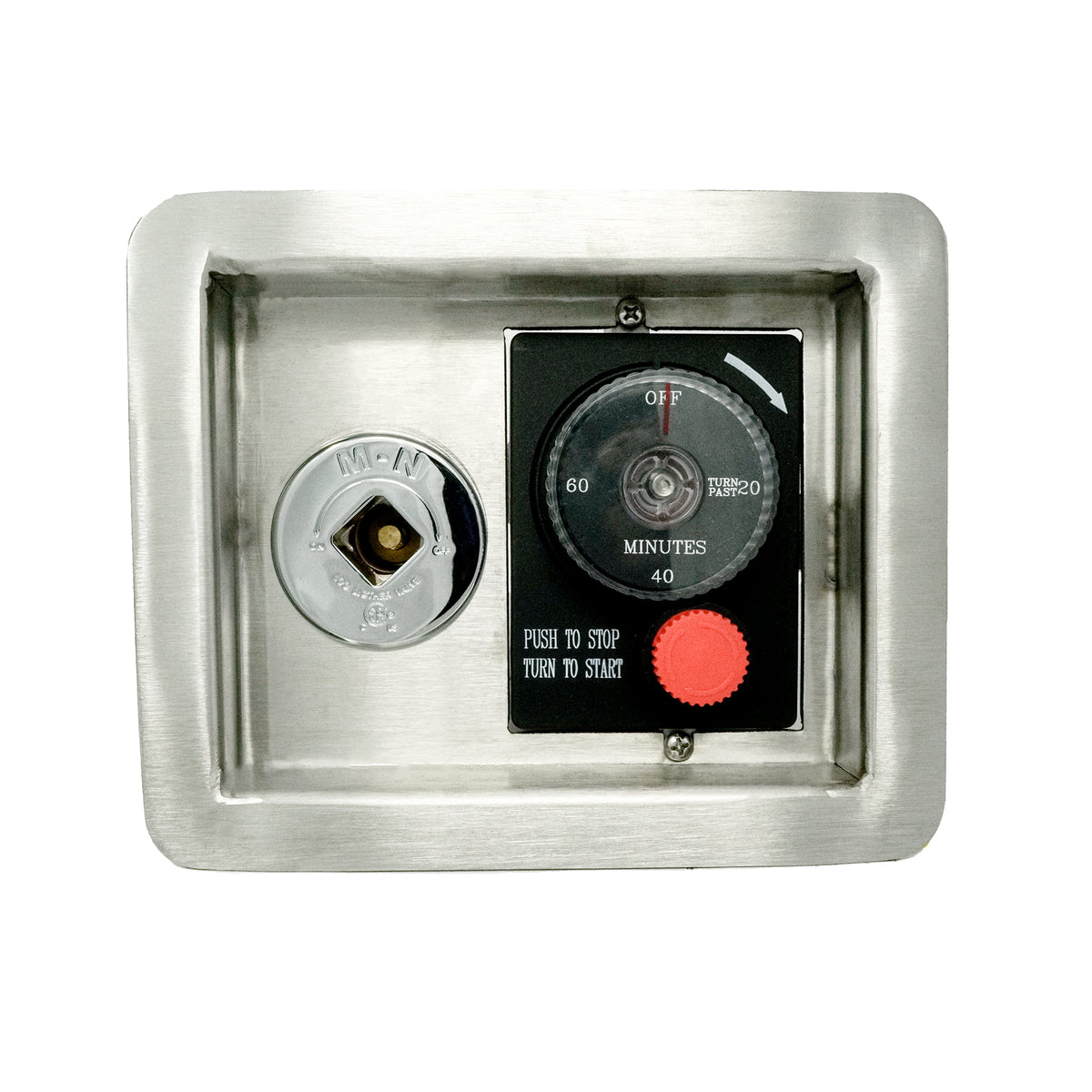 The Outdoor Plus recessed panel with key valve one-hour gas timer and red emergency stop button