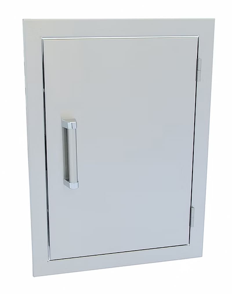 A square stainless steel door with a vertical chrome handle, shown on a plain white background.