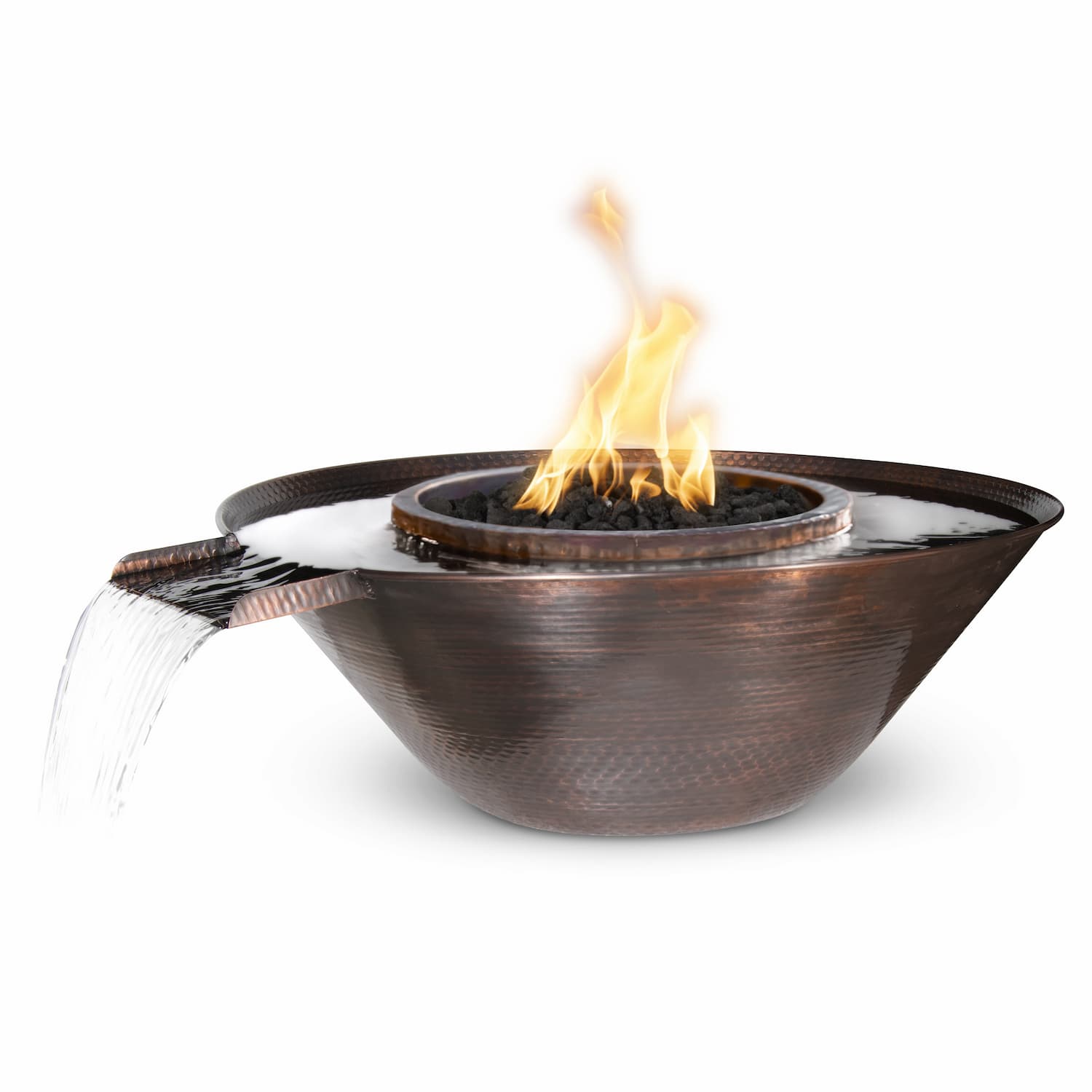The Outdoor Plus 31" Remi Hammered Copper Fire & Water Bowl — hand-hammered copper bowl with active flame and water scupper spilling from the side, shown on white background

