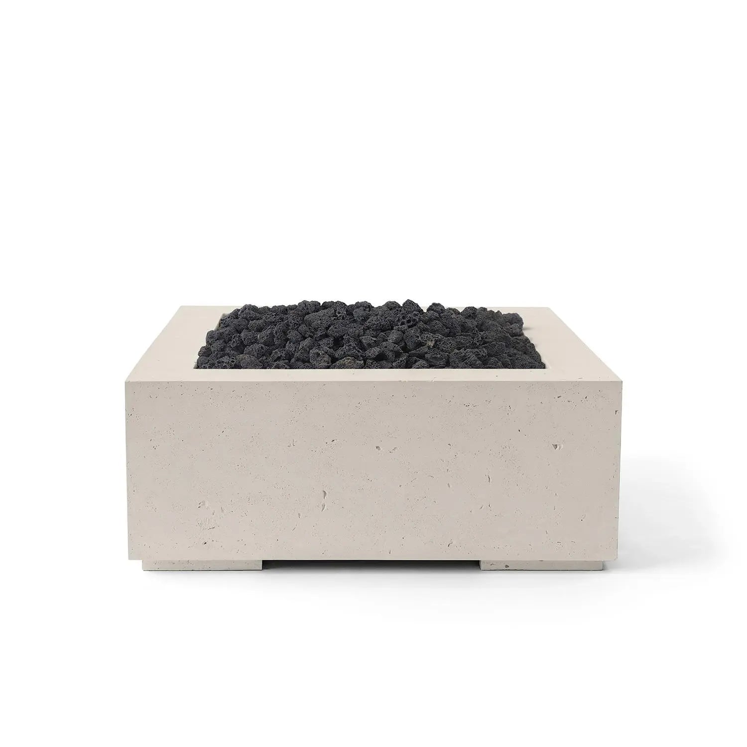 Concrete fire pit with dark coals on a white background