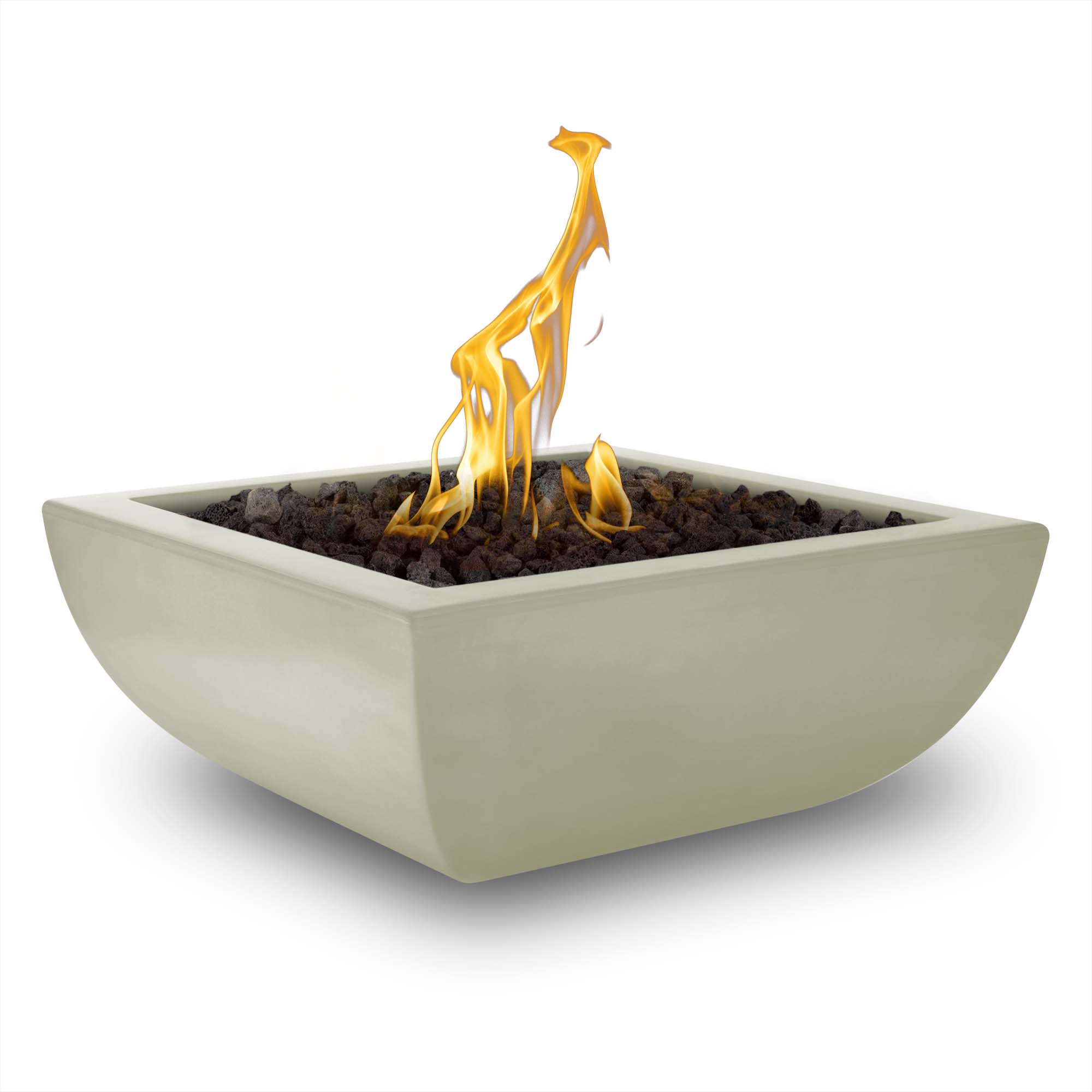 Modern fire pit with flames on a white background