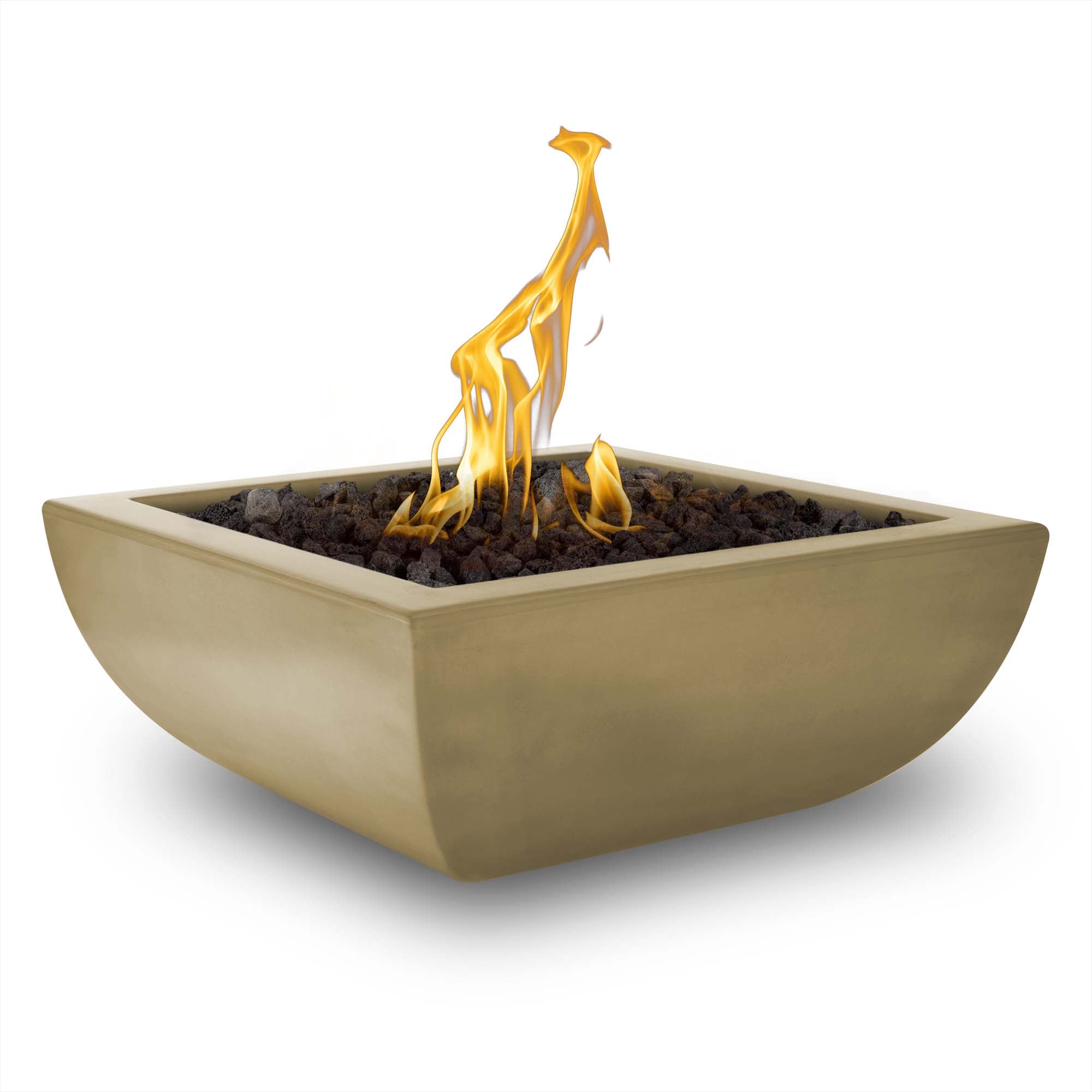 Concrete fire bowl with flames on a white background