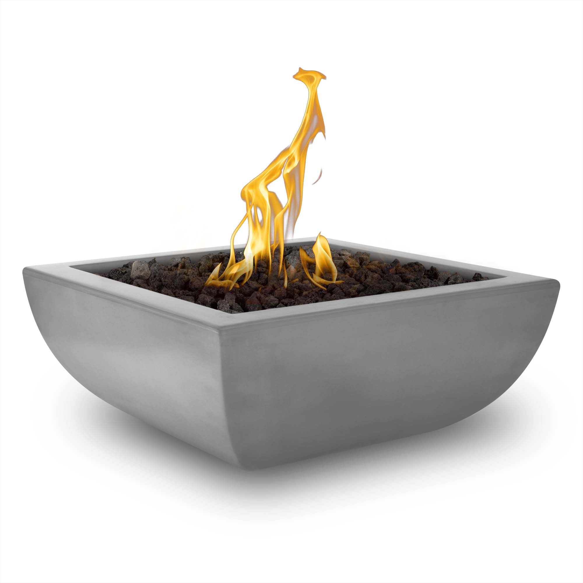 Concrete fire bowl with flames on a white background