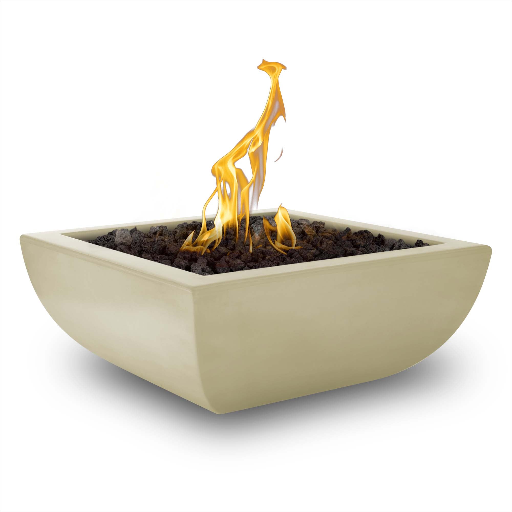 Beige fire pit with flames on a white background