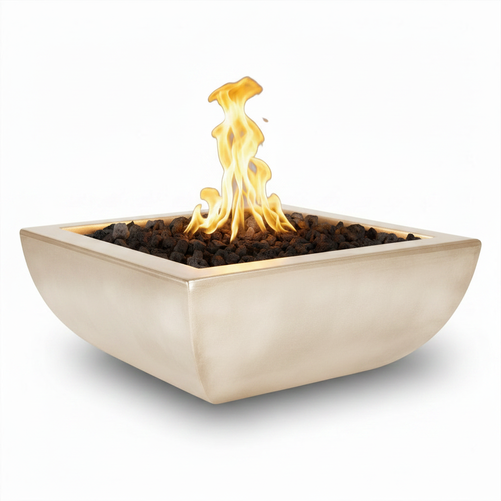 A square outdoor fire pit with a brushed gold-toned metal or stone-look exterior, filled with dark decorative stones and active orange-yellow flames, shown on a clean white background.