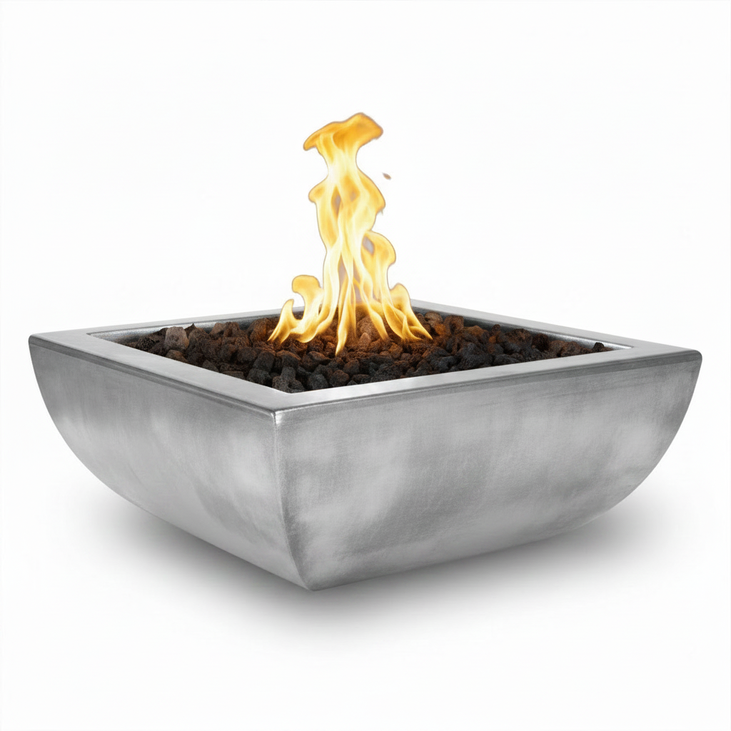 A square stainless steel fire pit bowl with a lit yellow and orange flame, filled with dark decorative stones, on a clean white background.