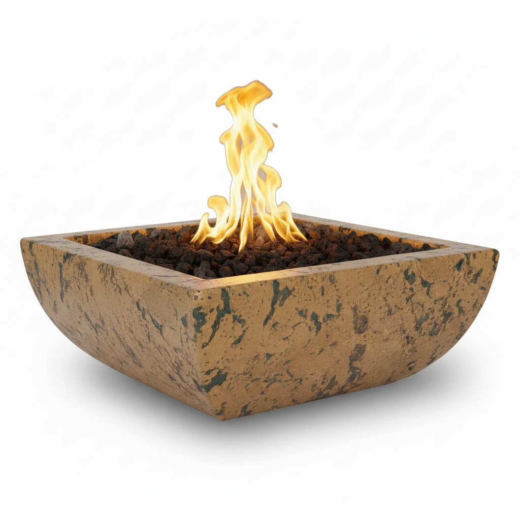 A square concrete fire pit with a textured tan and brown speckled finish, filled with dark lava rocks and featuring a bright yellow-orange flame rising from the center, set against a plain white background.