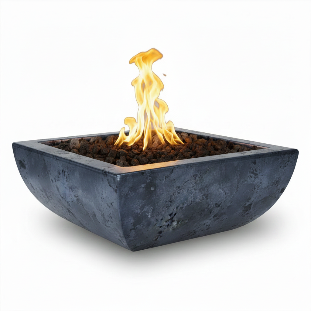 A square outdoor fire pit with a dark textured stone-look bowl, filled with dark river rocks and a bright yellow-orange flame rising above, set against a plain white background.