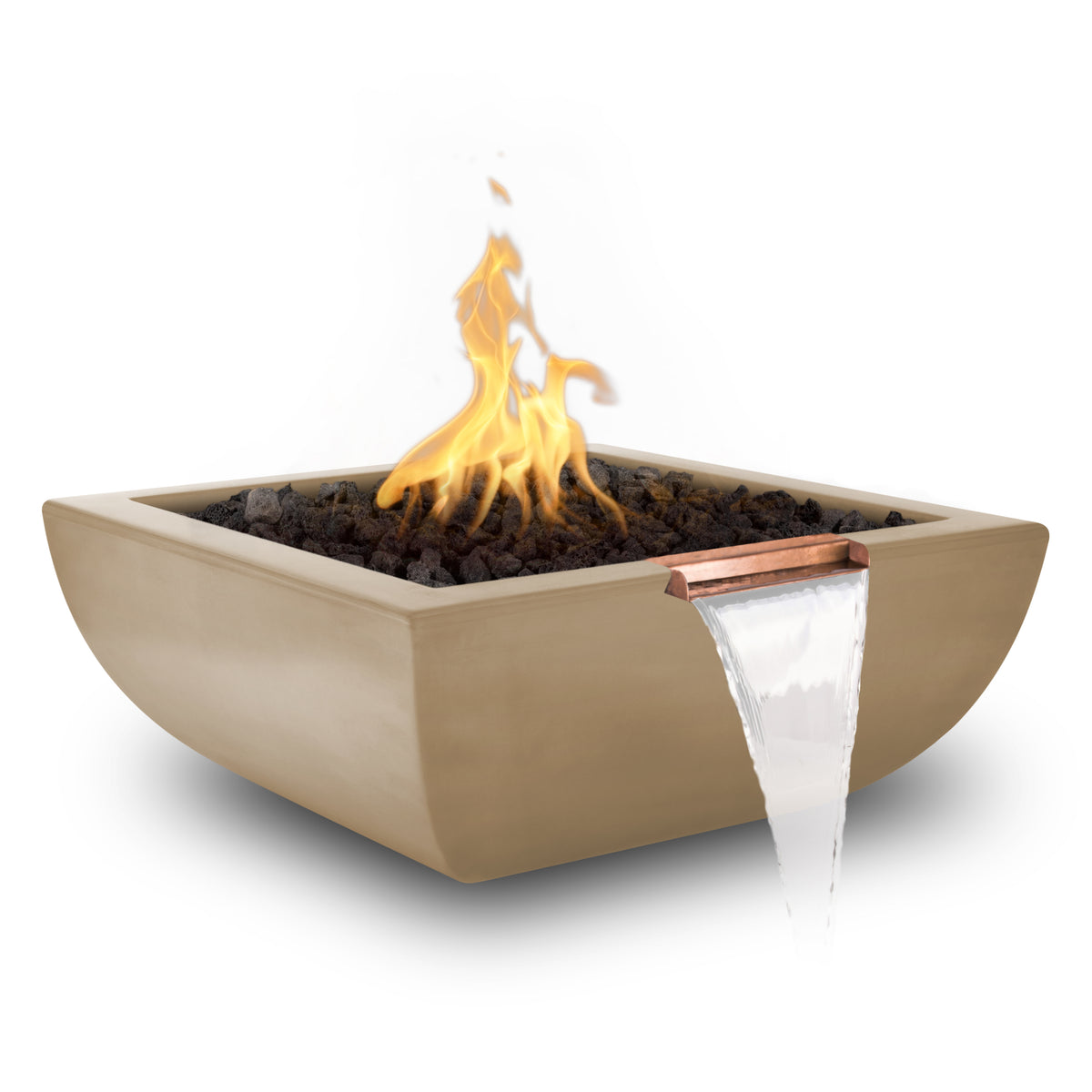 A square concrete fire pit with a waterfall spout, filled with black lava rocks and showing a bright yellow-orange flame, on a white background.