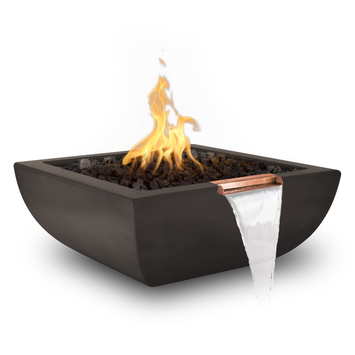A square black fire pit planter with a copper spout from which water cascades, filled with dark stones and shown with a yellow-orange flame rising from the center, on a white background.