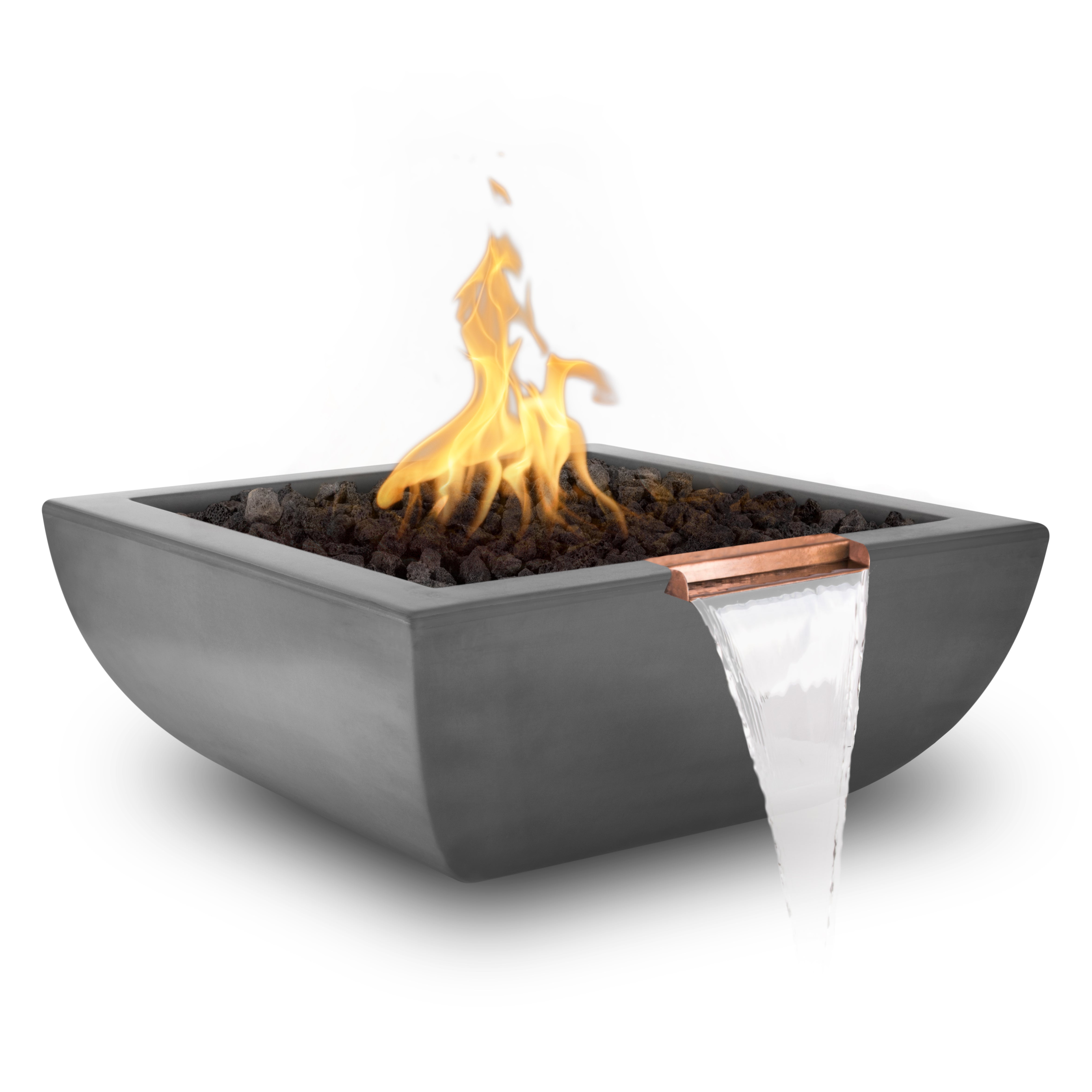 A modern square concrete fire pit with a copper accent strip and a waterfall spout, shown with a flame and flowing water on a white background.