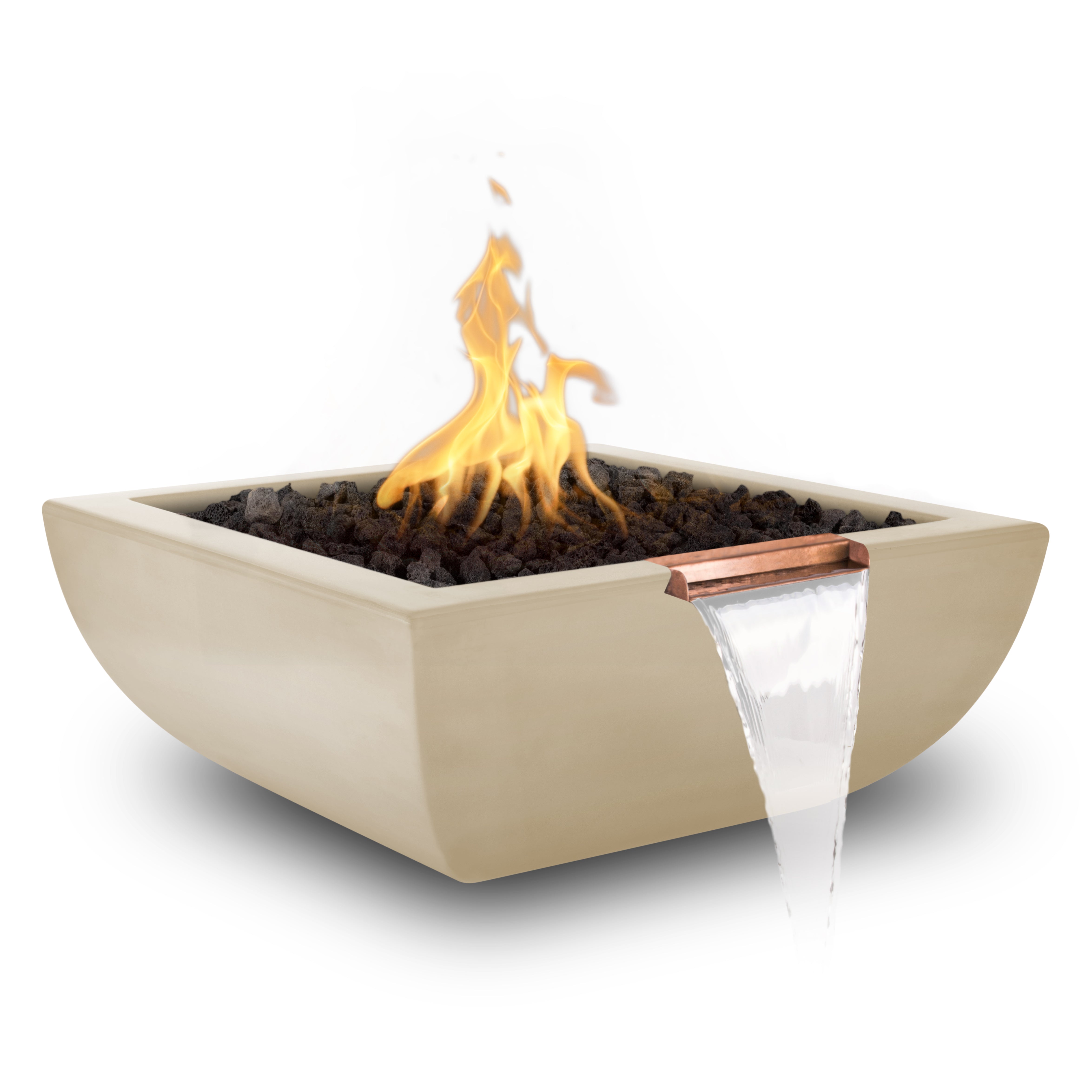 A square beige concrete fire pit with a waterfall spout, filled with black lava rocks and shown with a flame and flowing water on a white background.