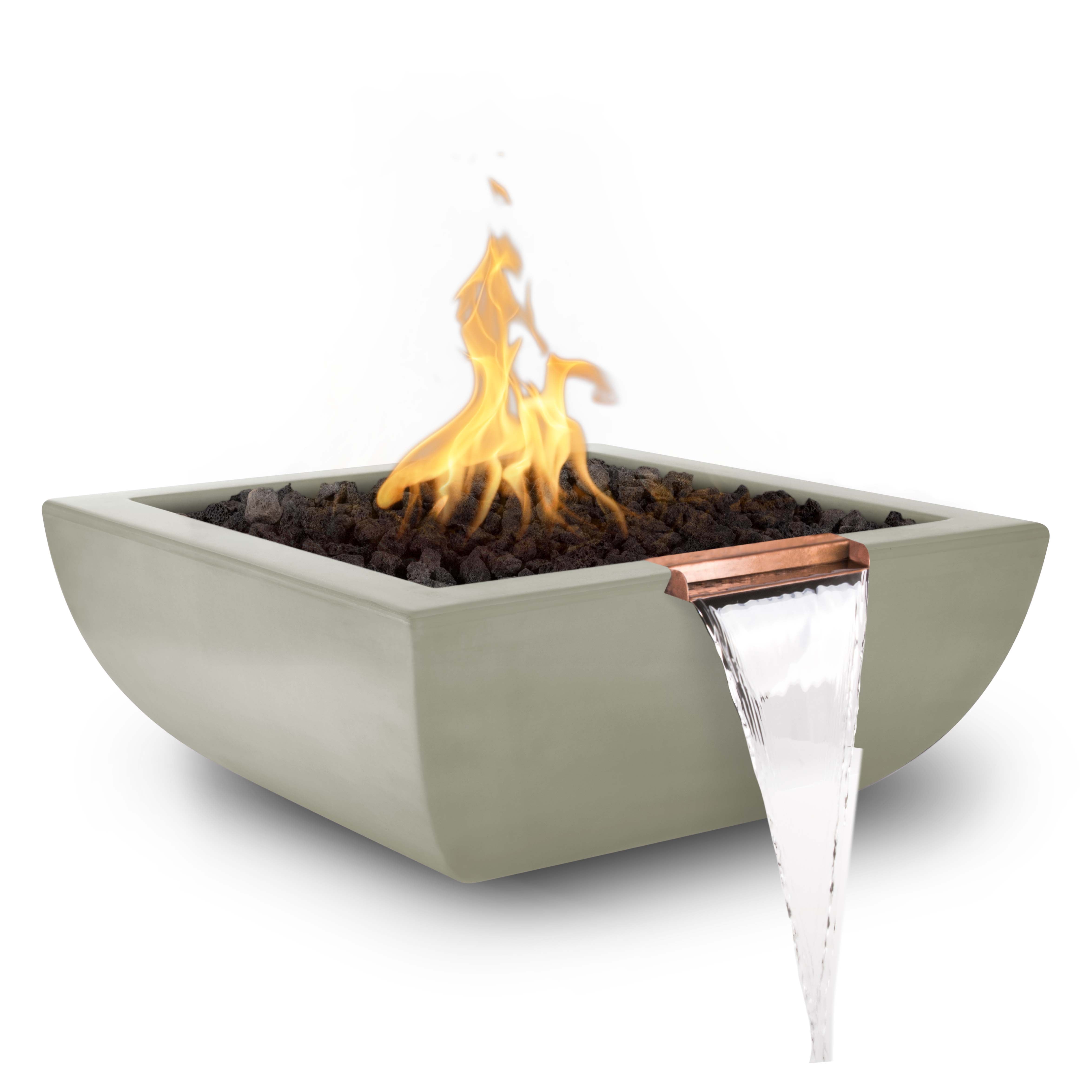 Concrete fire pit with flames and water feature on a white background