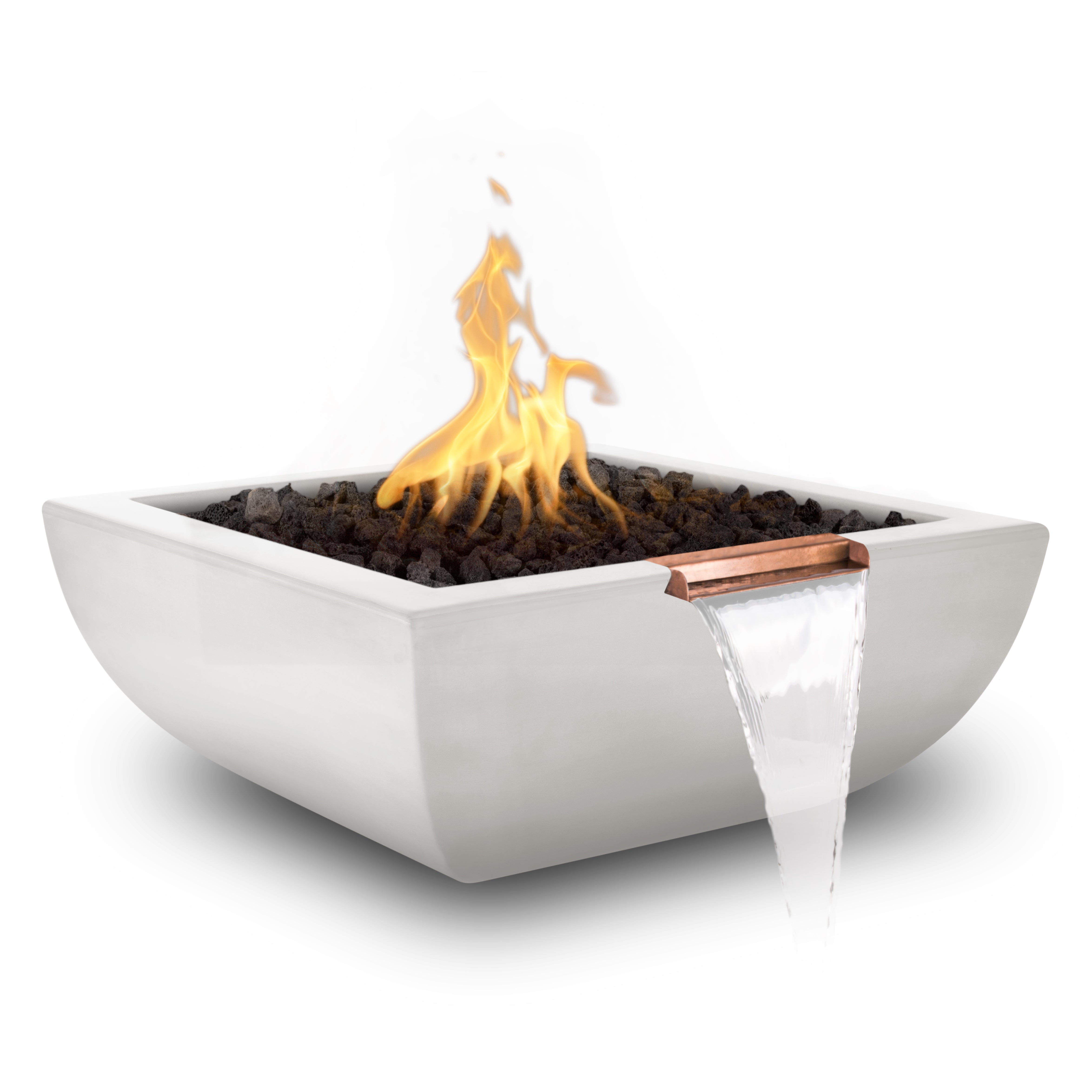 Modern white fire pit with flames on a white background