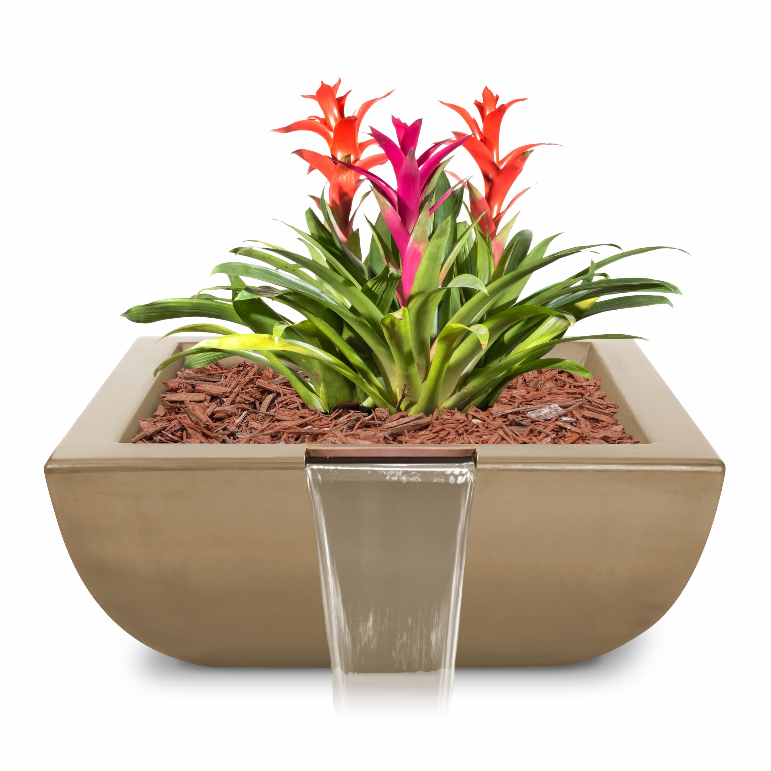 A rectangular beige planter with a front waterfall feature, filled with brown wood mulch and a bright green and pink ornamental plant, shown on a white background.