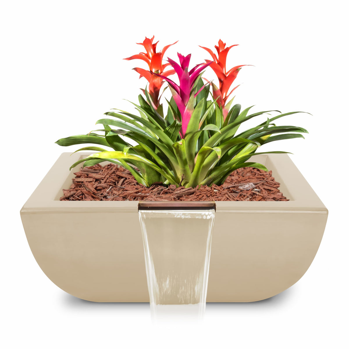 A modern rectangular planter with a small waterfall feature, filled with brown wood chips and bright green and red-orange bromeliad plants, shown on a white background.