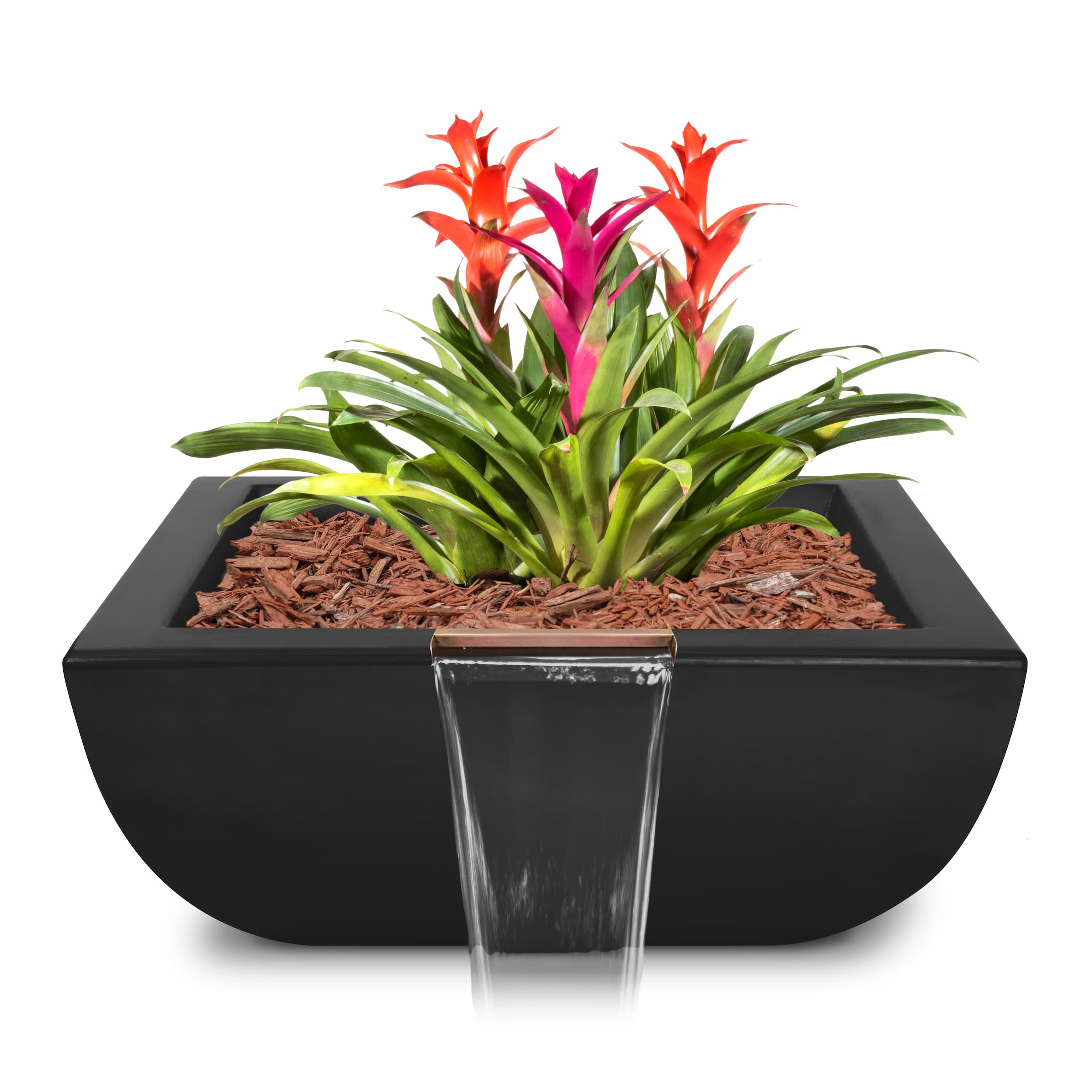 A modern black rectangular planter with a small waterfall feature in front, filled with brown wood chips and bright green and red-orange bromeliad plants, shown on a white background.