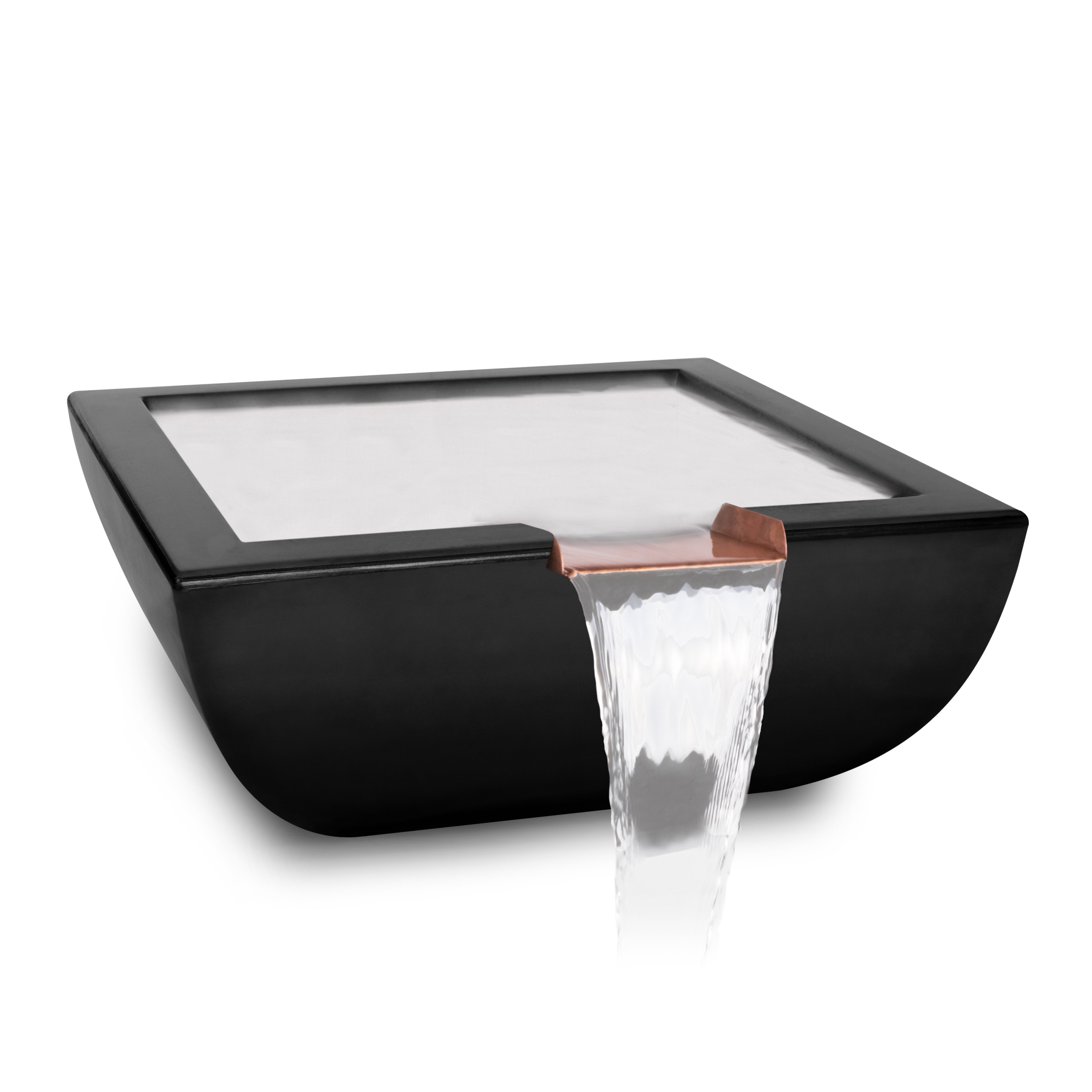 Modern outdoor water feature with glass top and water flowing into a basin.