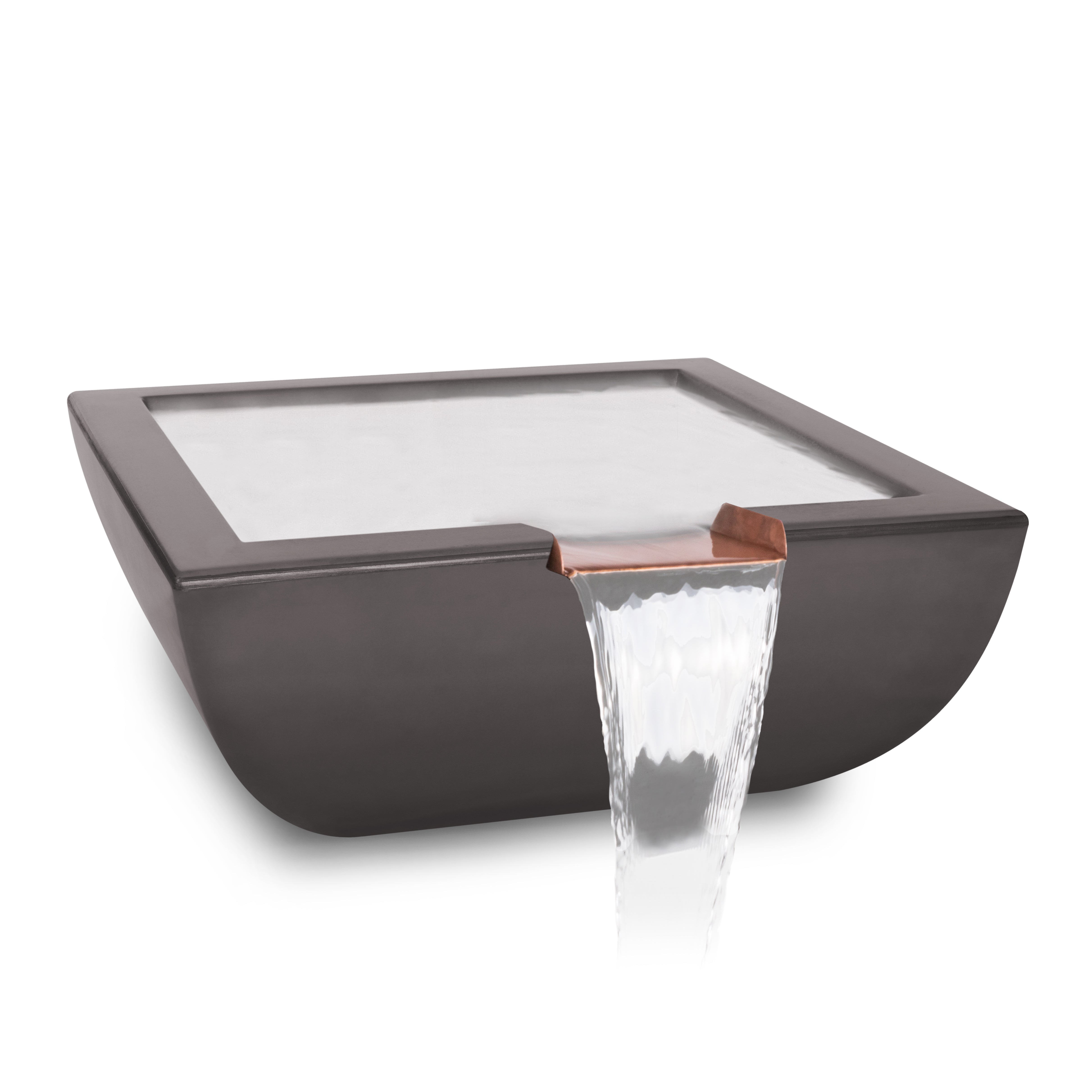 Modern outdoor water feature with glass top and water flowing into a basin.