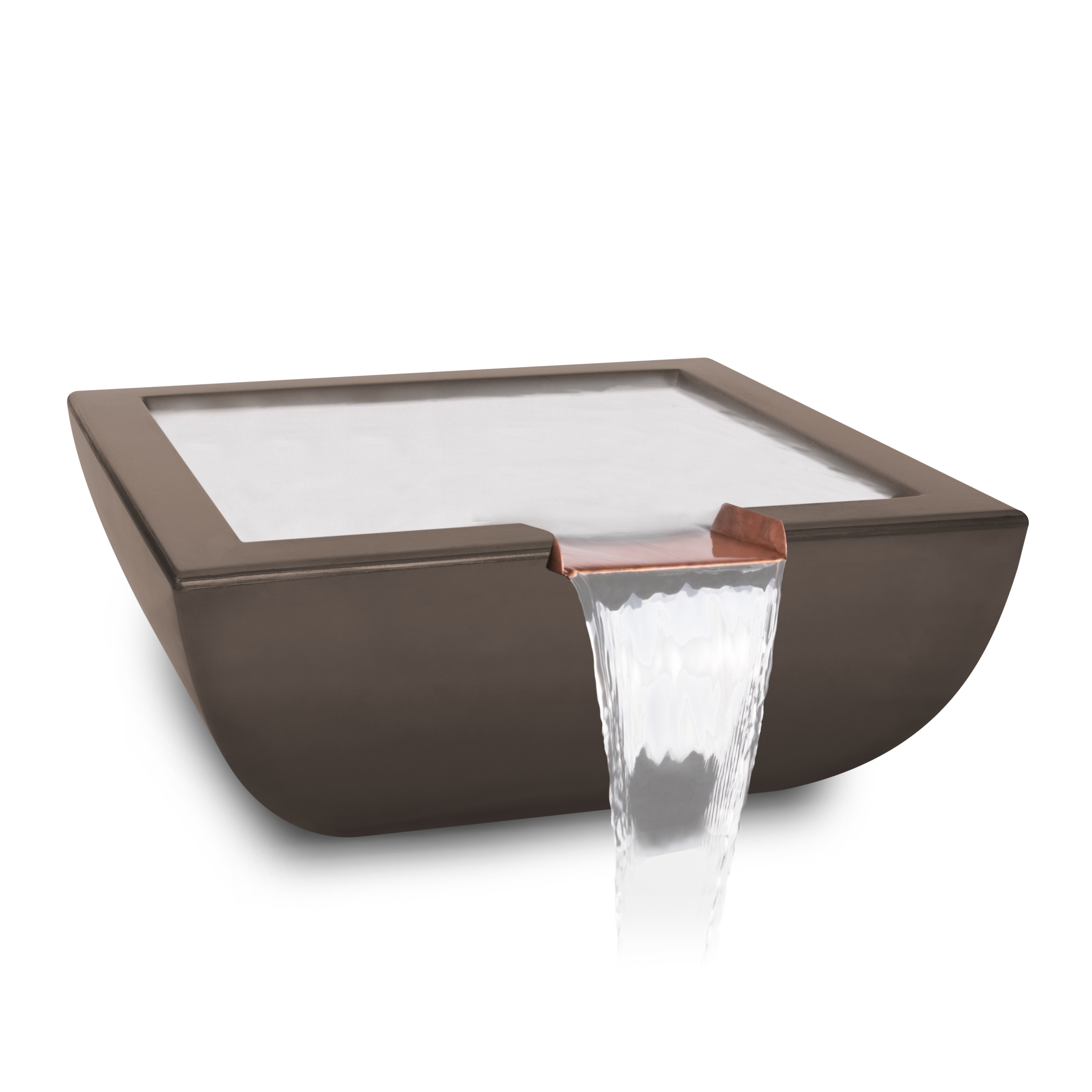 Modern outdoor water feature with glass top and water flowing into a basin.