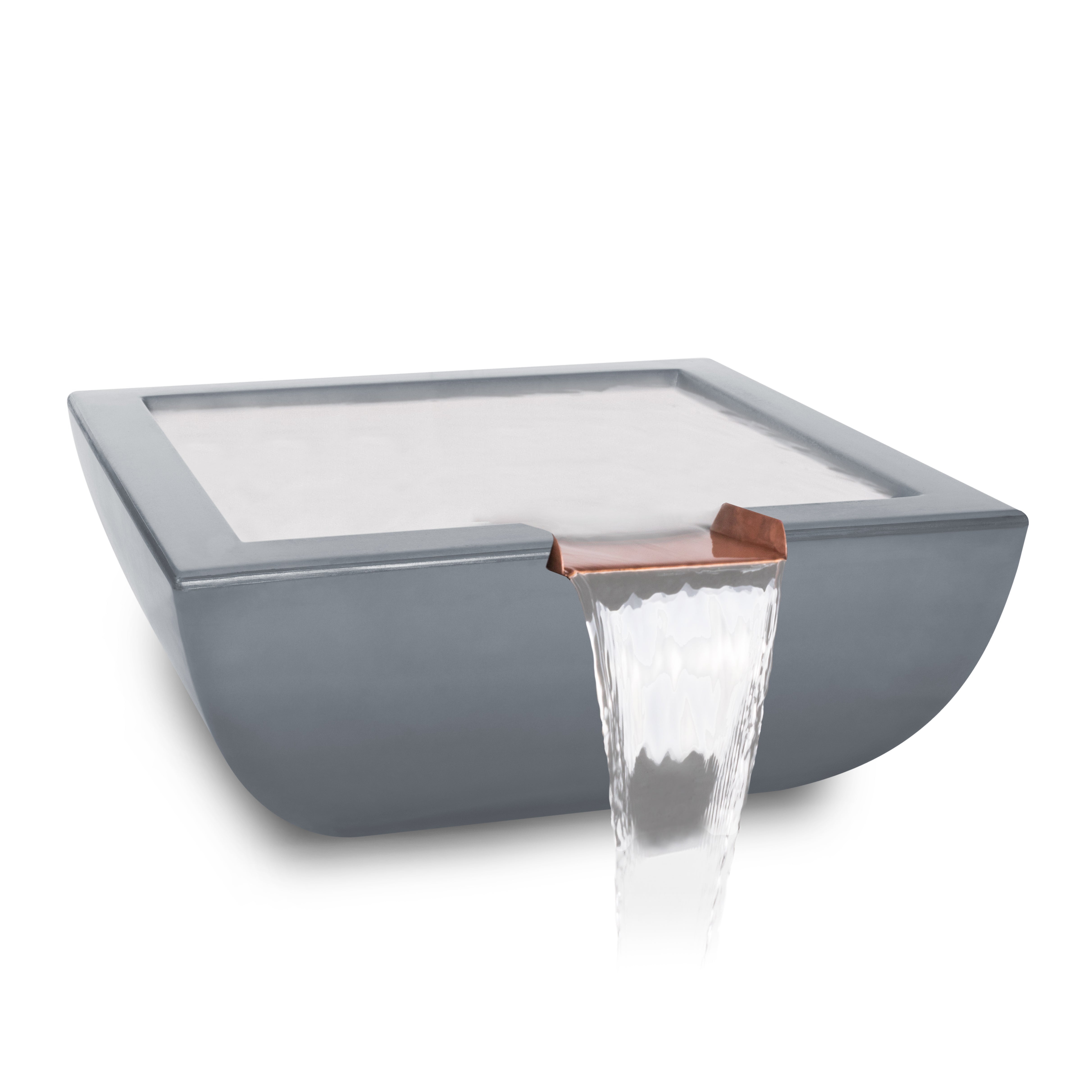 A modern rectangular wall-mounted waterfall feature with a matte gray stone or concrete basin, a copper-toned spout, and flowing water, shown on a clean white background.