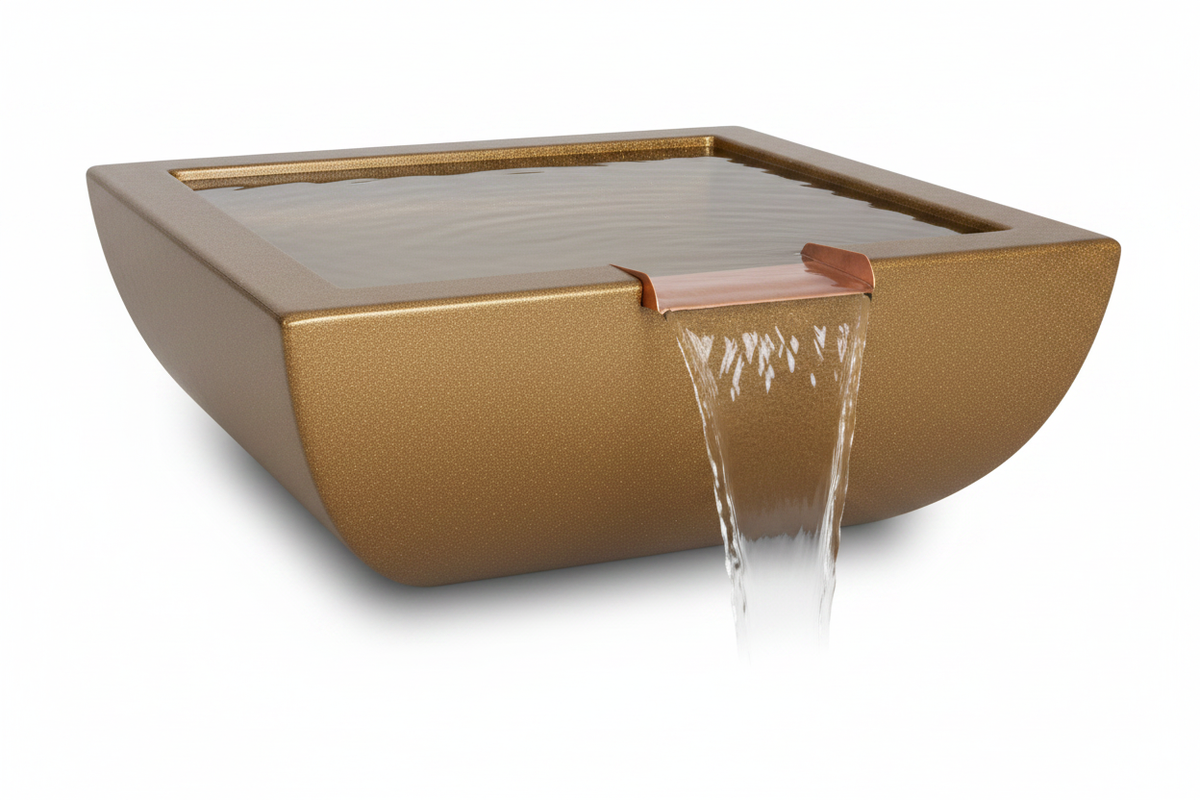 A modern rectangular wall-mounted waterfall basin in a warm metallic bronze finish, with water flowing from a copper-toned spout. The basin has a frosted glass or acrylic top panel and is shown on a clean white background.