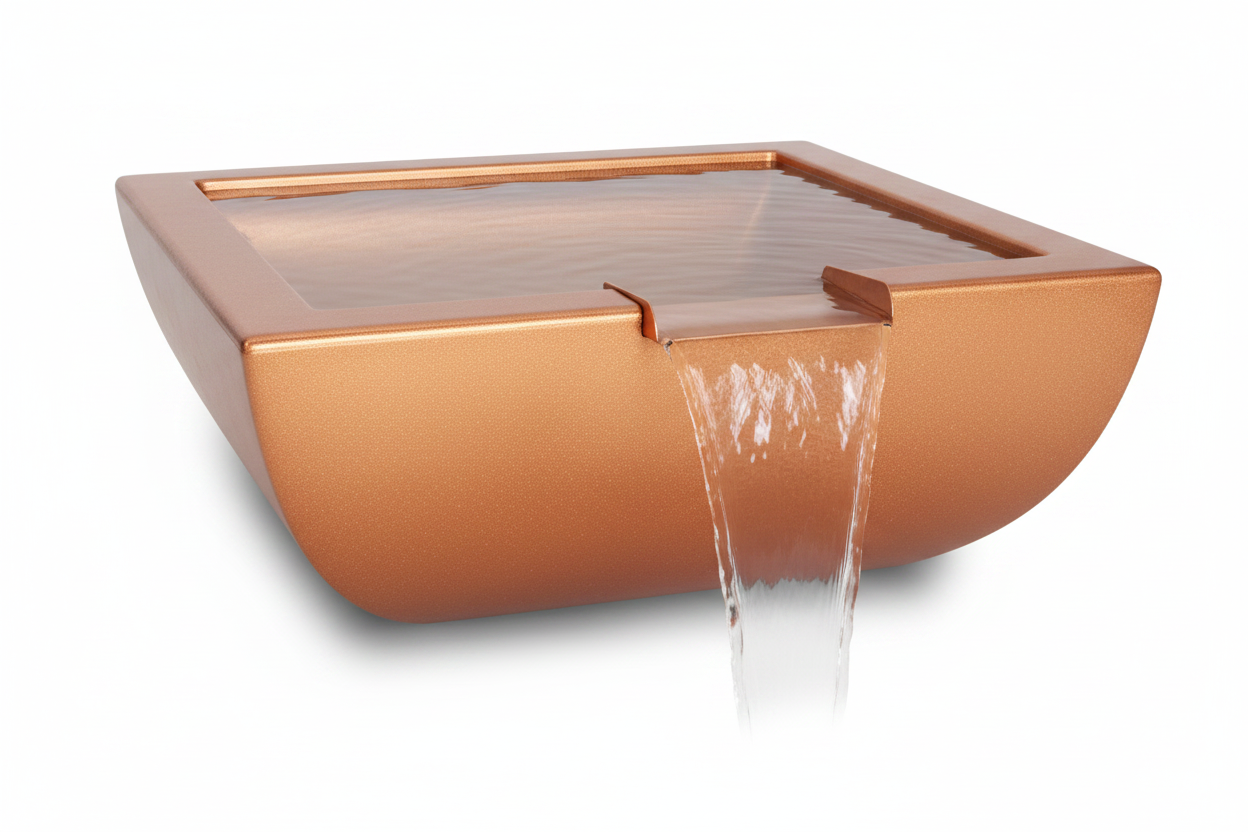 A modern square copper-colored wall-mounted waterfall fountain with a transparent glass or acrylic top panel and flowing water visible in the center, shown on a clean white background.