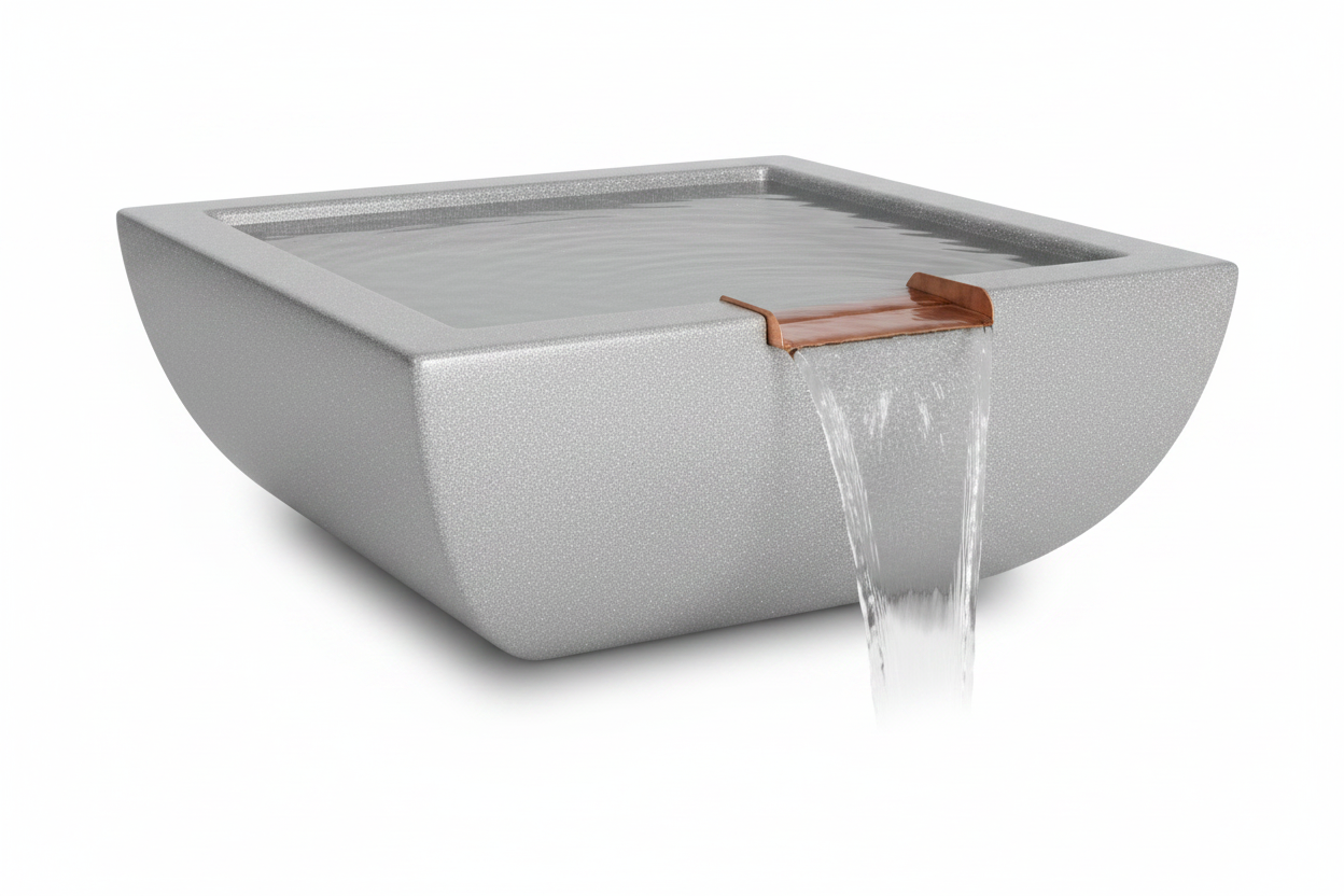 A modern square concrete waterfall fountain basin with a copper-colored spout from which water flows, shown on a clean white background.