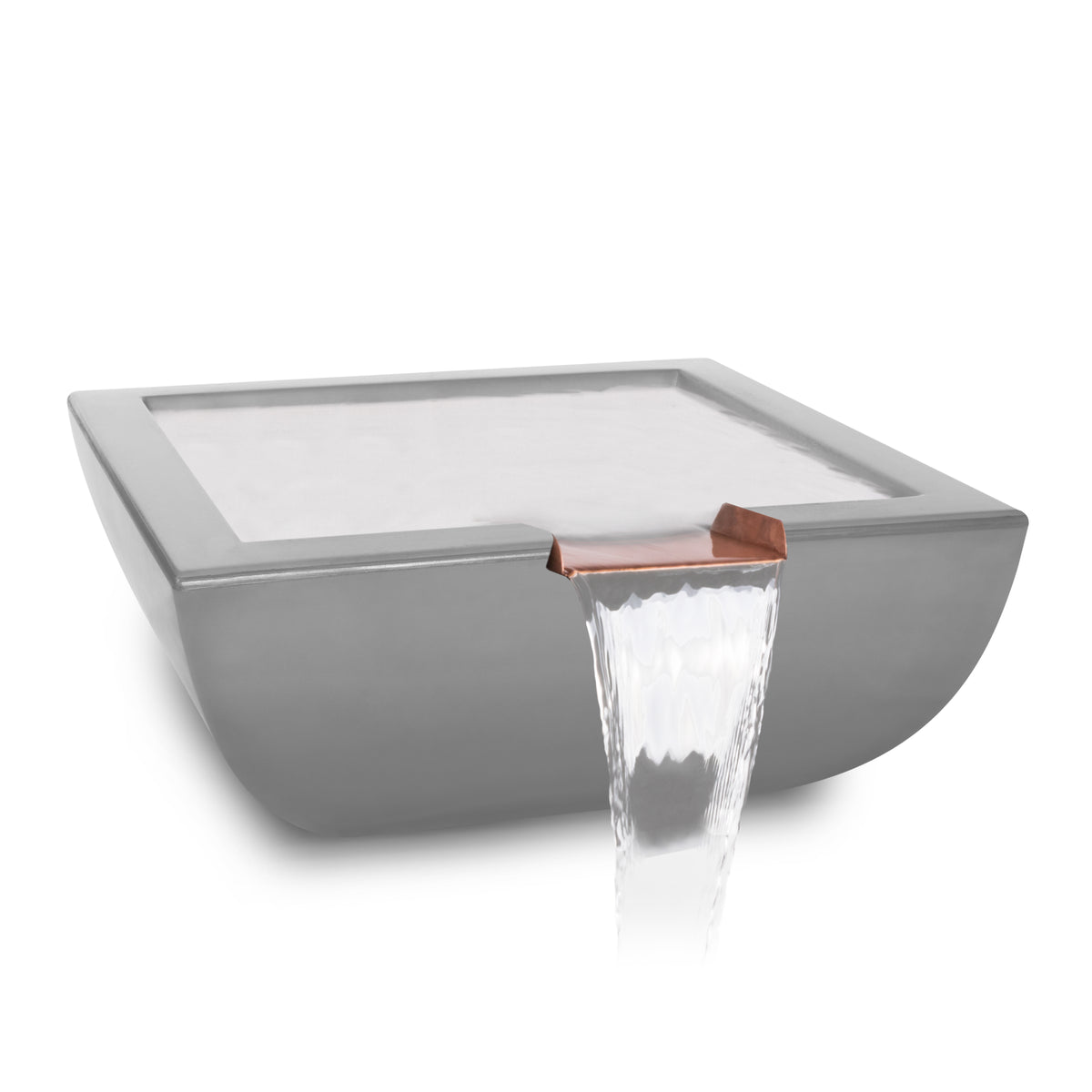 A modern rectangular wall-mounted waterfall basin in a matte gray finish, with clear water flowing over a small copper-toned spout, shown on a white background.