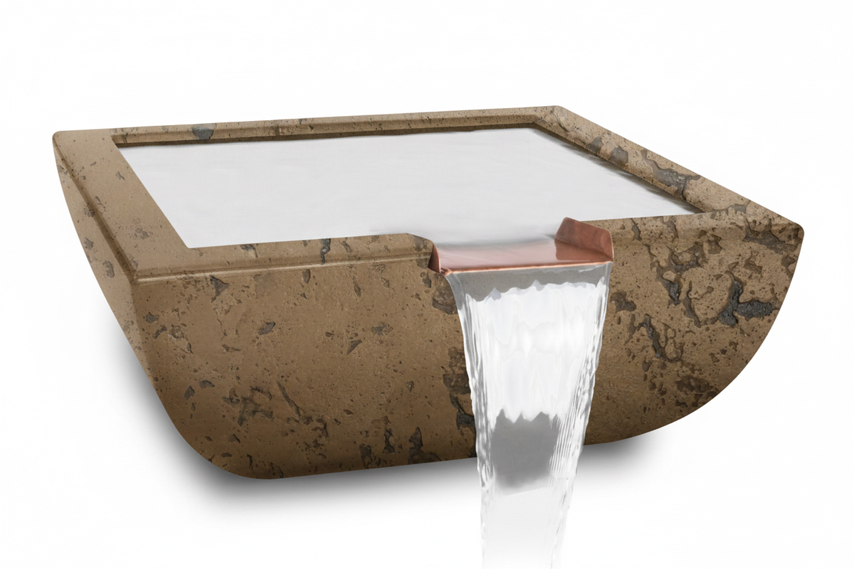 A rectangular stone basin fountain with a waterfall spout, featuring a textured brown and beige stone exterior and a clear water-filled top panel, shown on a white background.