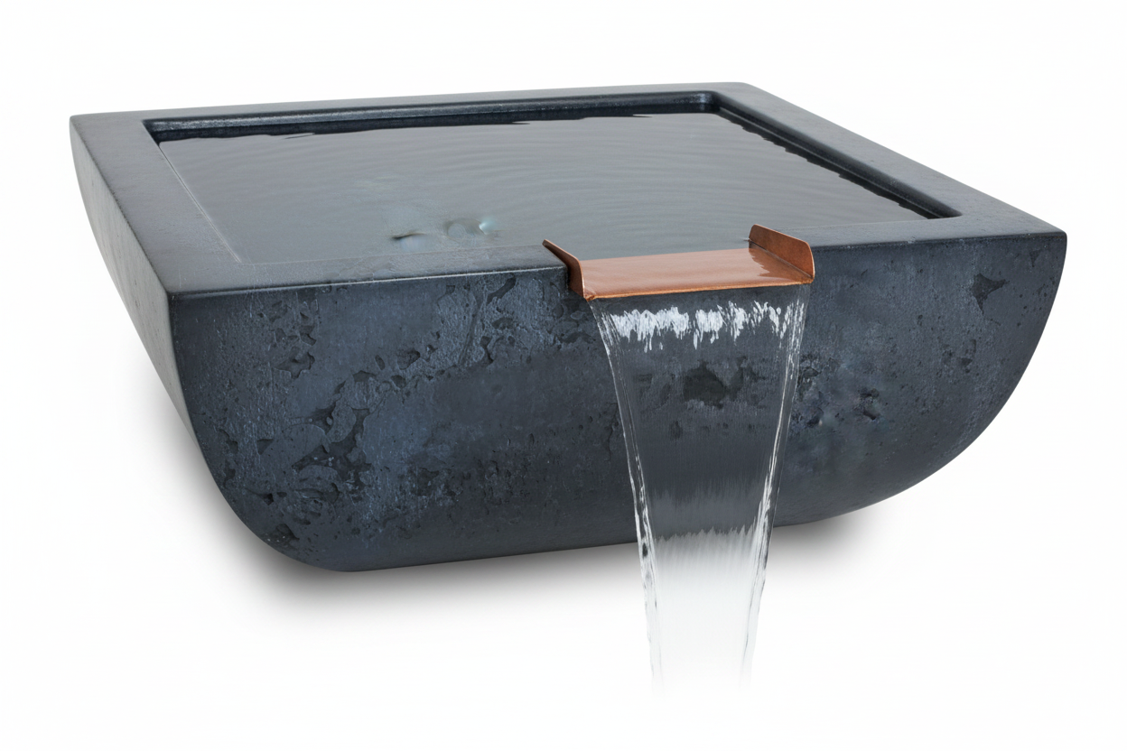 A rectangular concrete outdoor water feature bowl with a copper-colored metal spout from which a waterfall of water is flowing, shown on a white background.