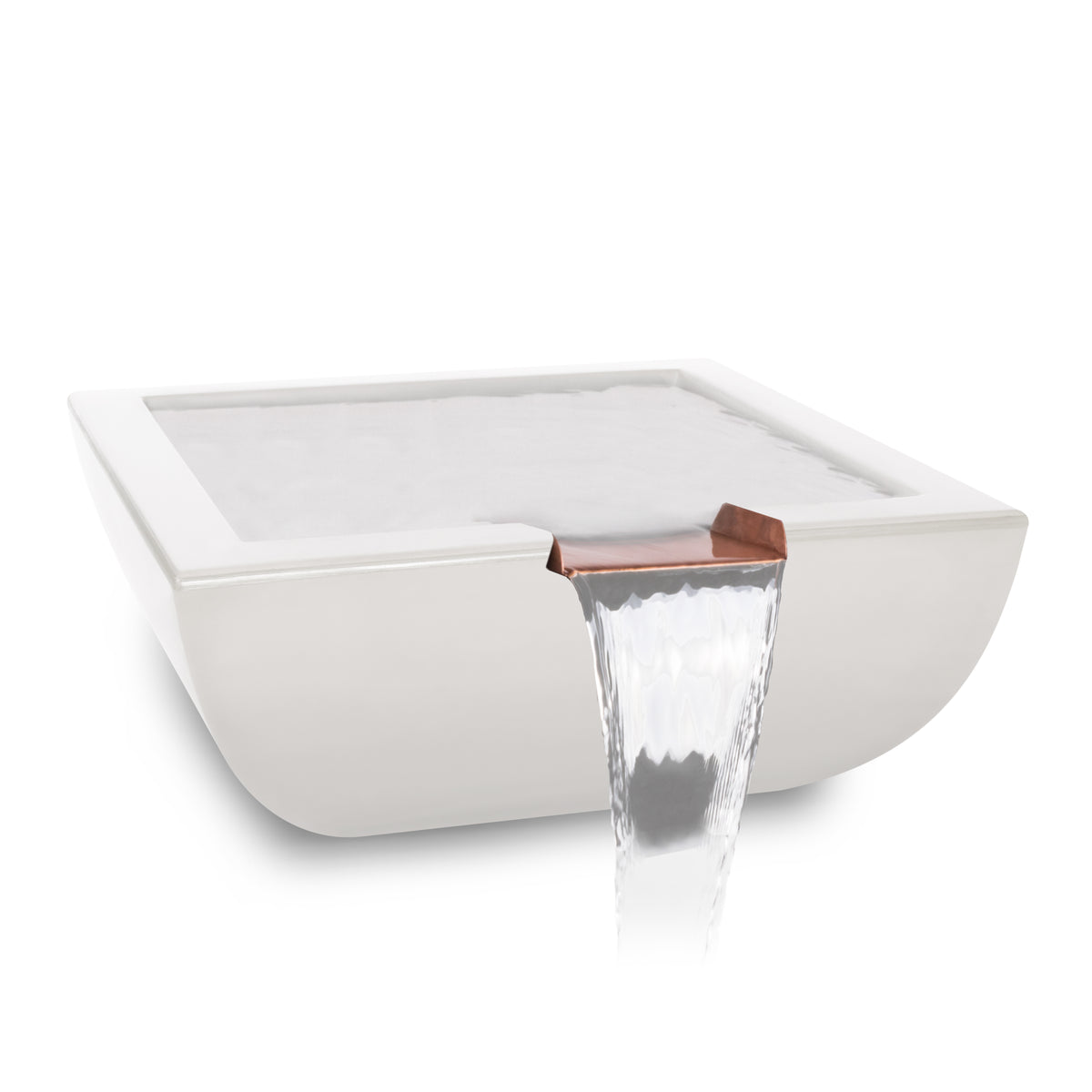 A modern square white wall-mounted rain barrel fountain with a copper-colored metal spout from which water is flowing, shown on a clean white background.