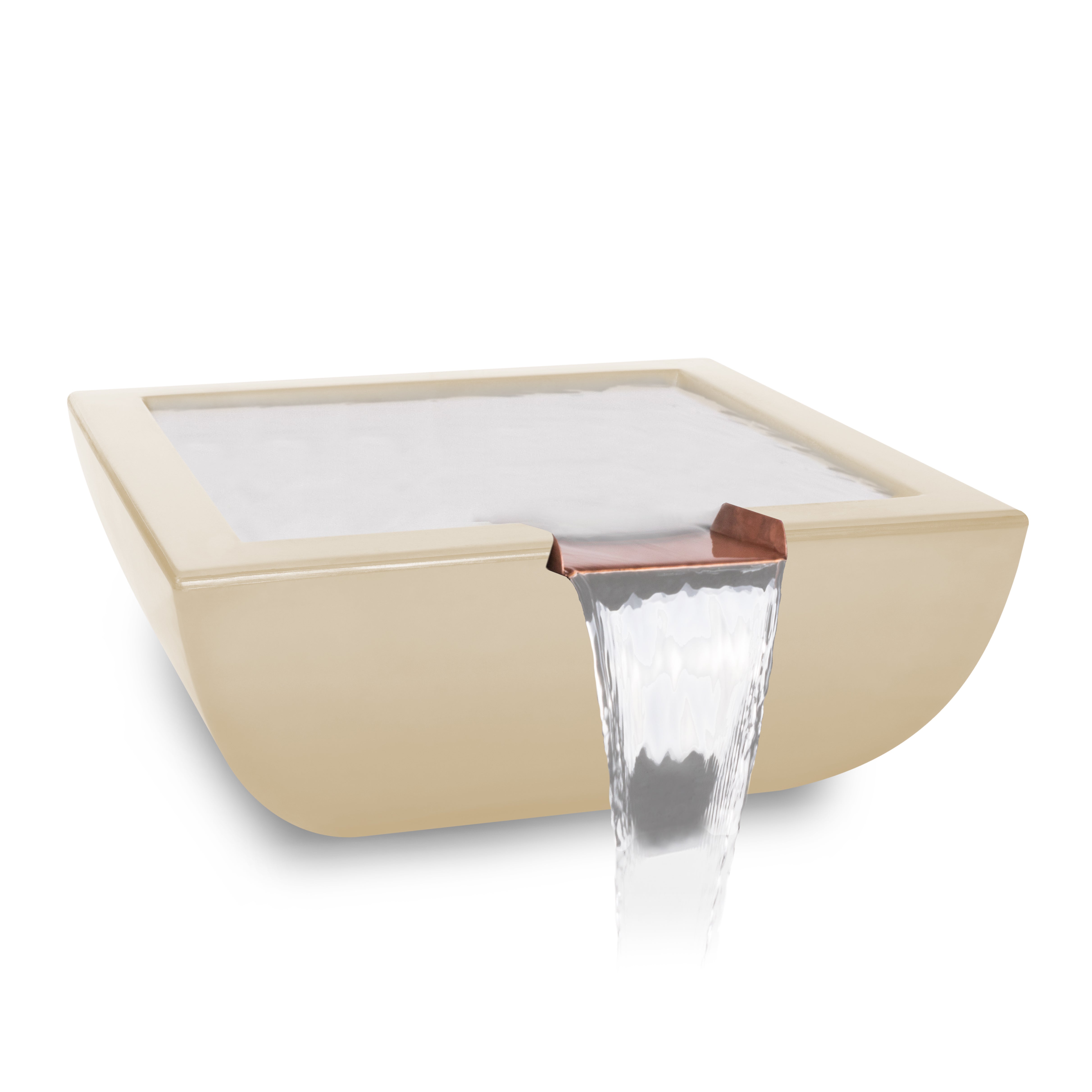 A modern rectangular wall-mounted waterfall basin in a warm beige finish, with water flowing from a copper-toned spout. The basin has a frosted glass or acrylic top panel and is shown on a clean white background.
