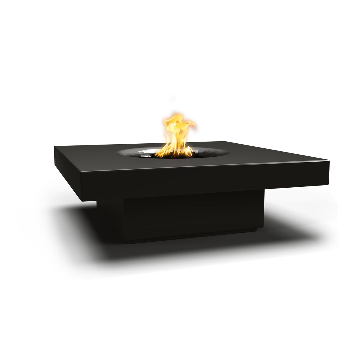 Modern black fire pit table with flames on a white background