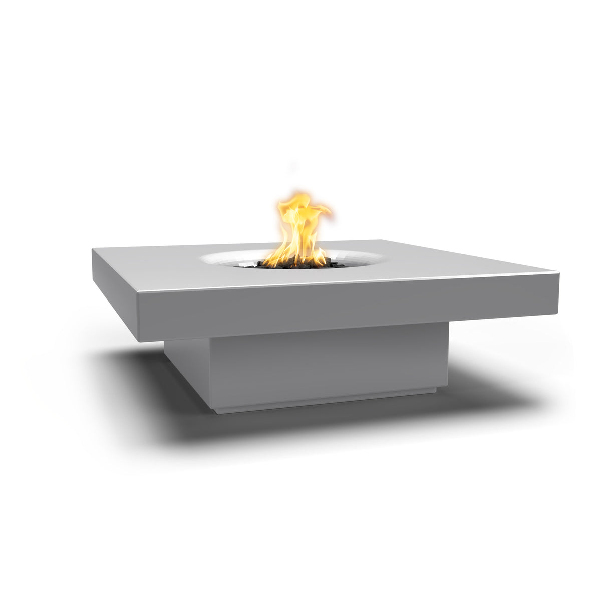 Modern fire pit table with flames on a white background