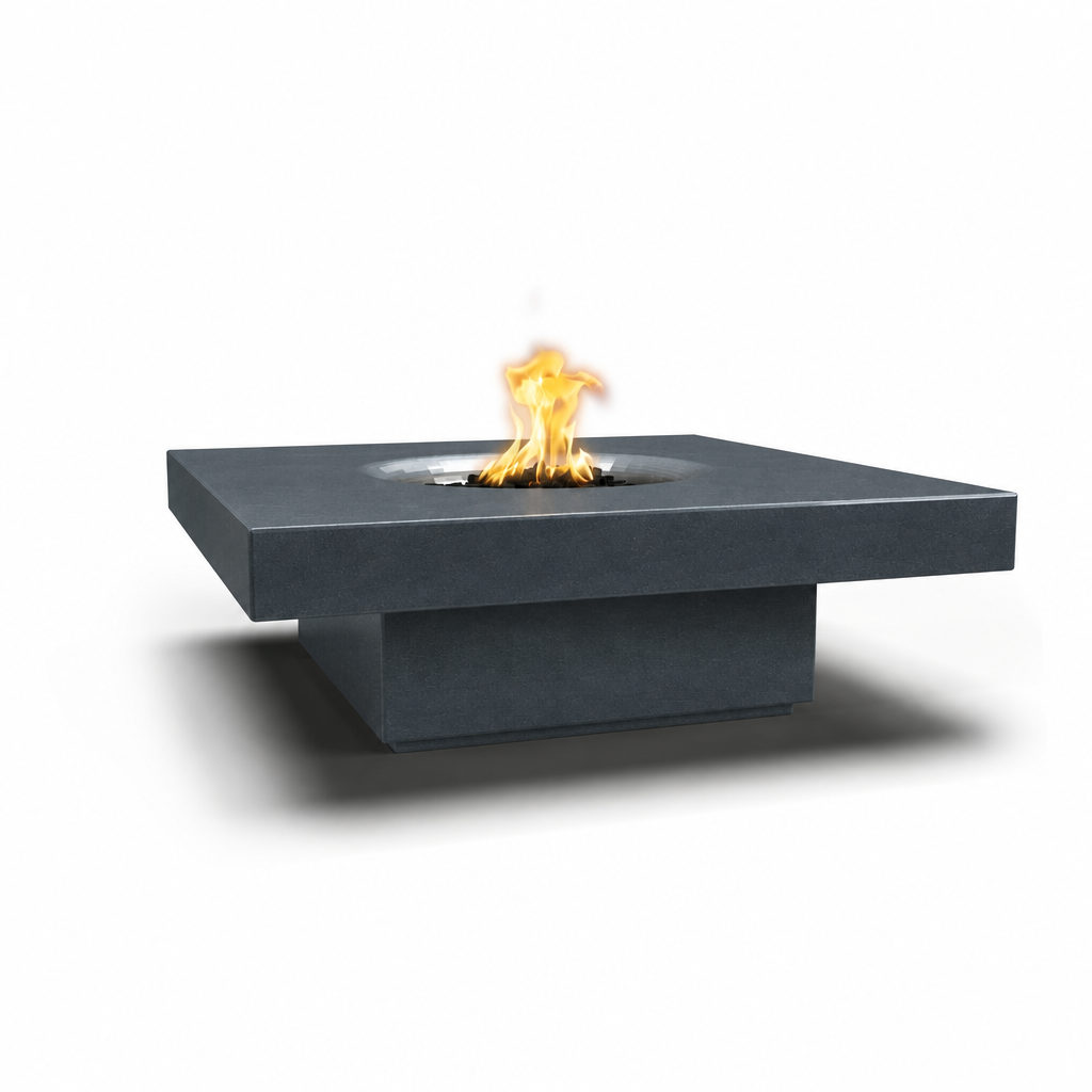 Modern black fire pit table with flames on a white background