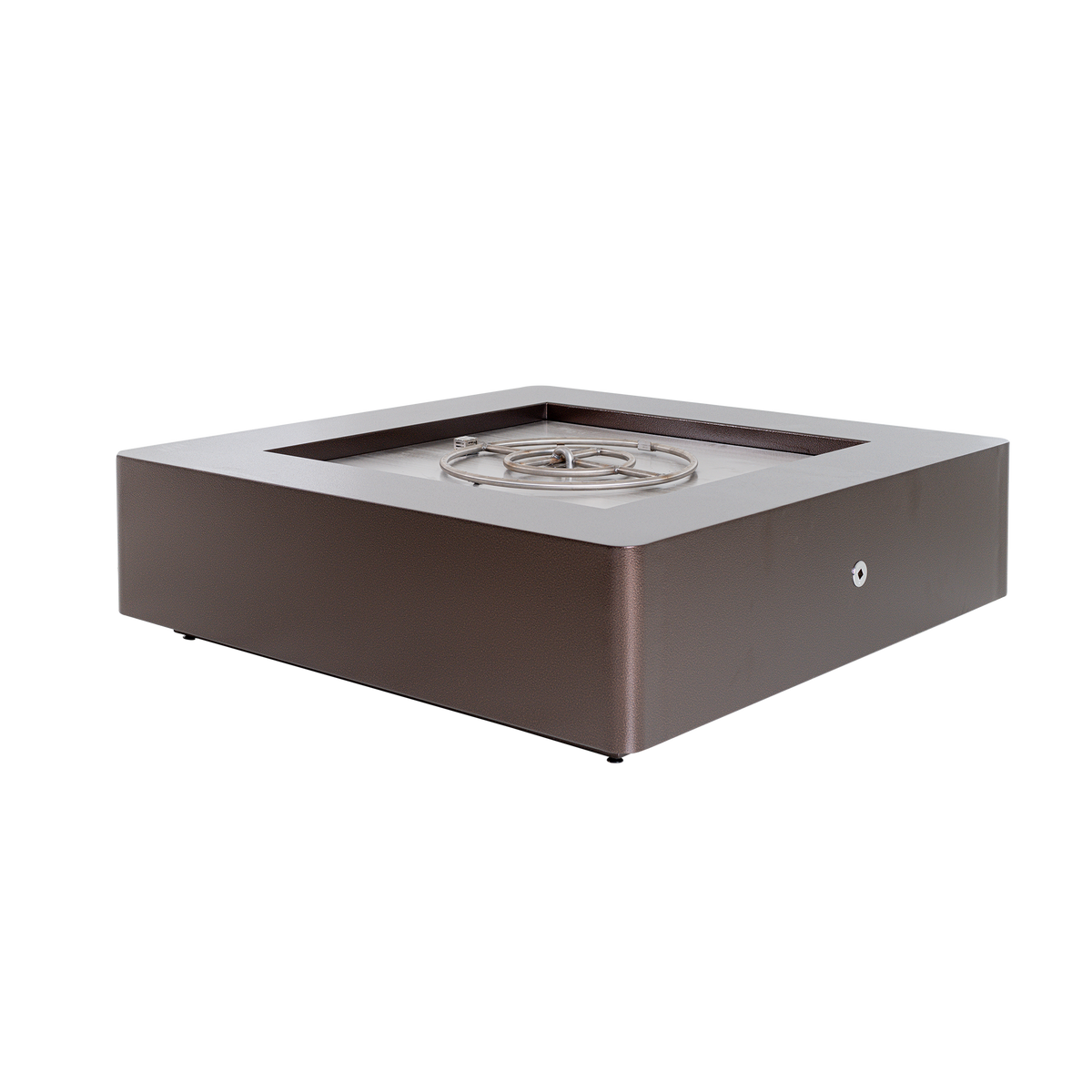 A square modern outdoor fire pit with a dark brown metallic body, a silver inner tray, and a metal burner grate on top, shown against a plain white background.