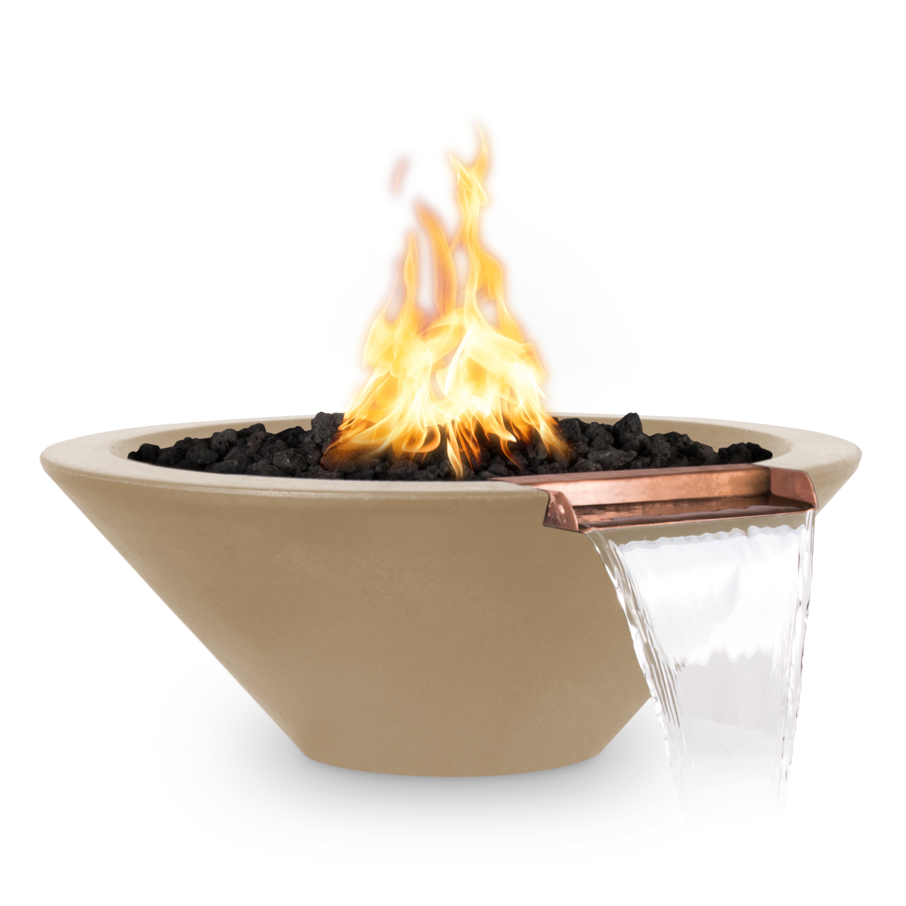 Modern outdoor fire pit with flames on a white background