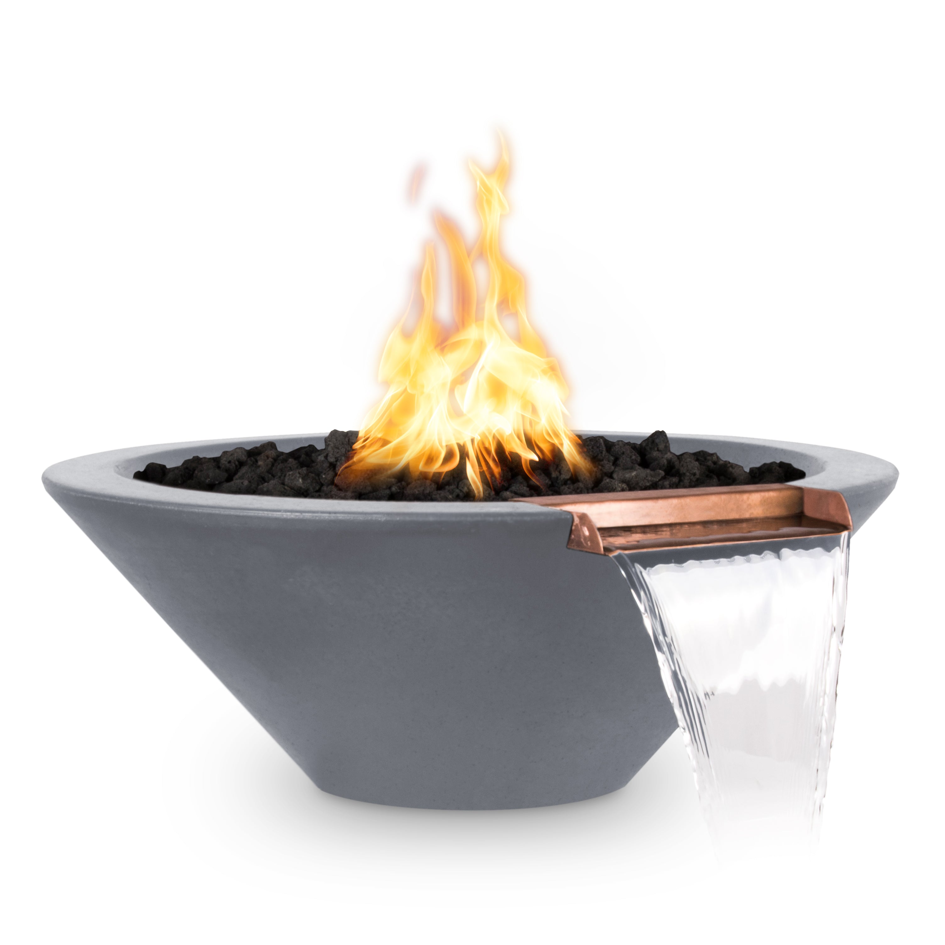 Modern outdoor fire pit with flames on a white background