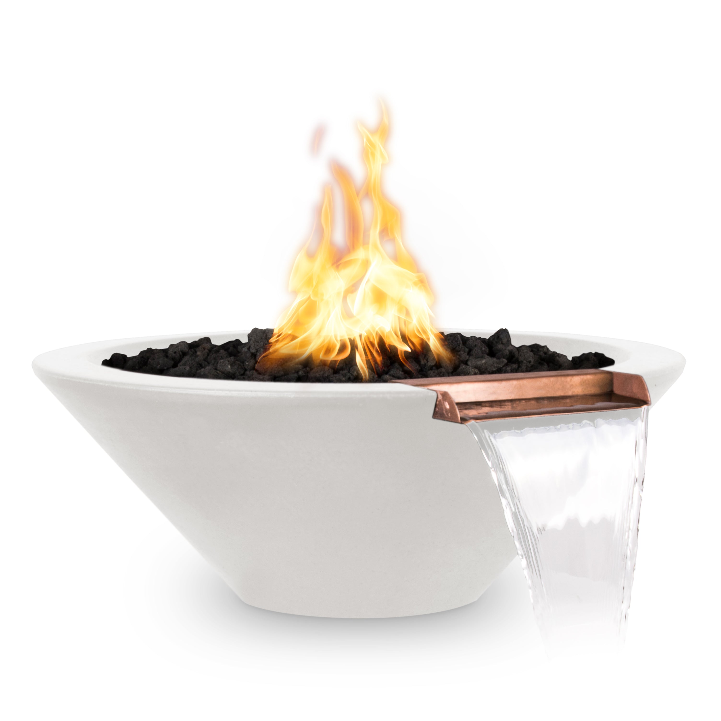 White fire pit bowl with flames on a white background