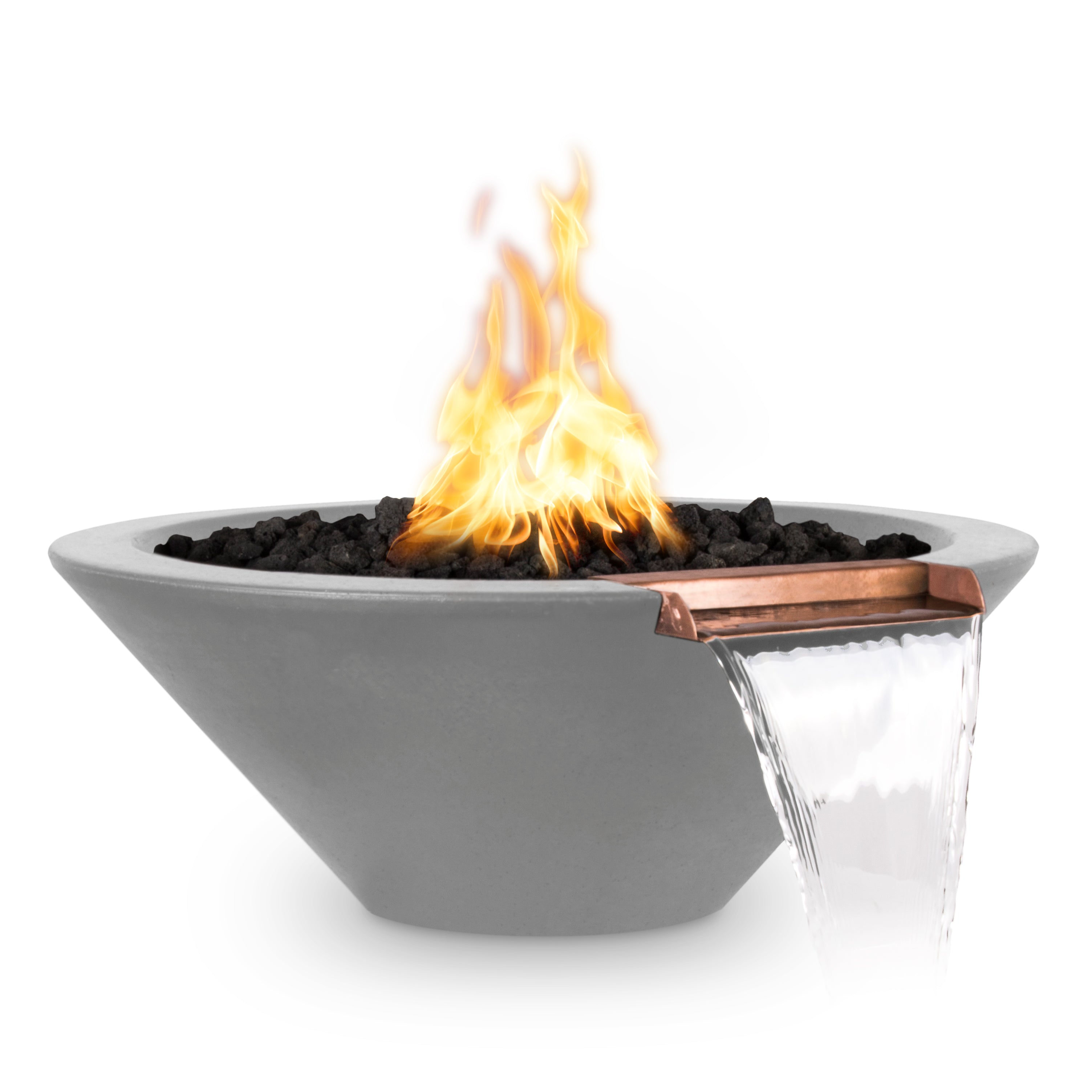 Modern outdoor fire pit with flames on a white background