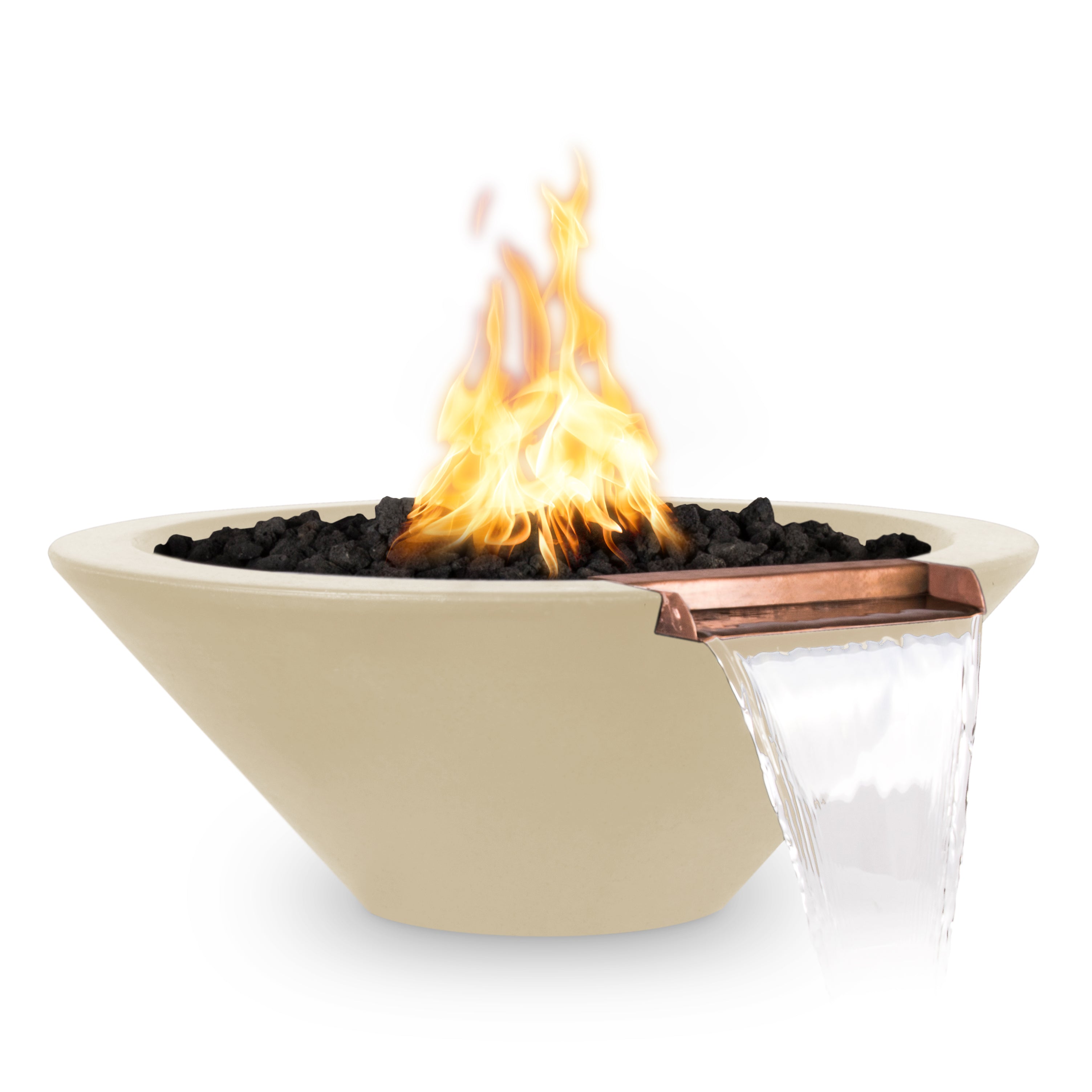 Beige fire pit with flames on a white background